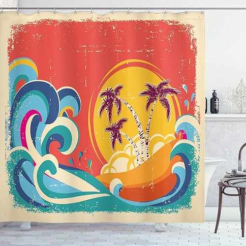 Lunarable Cortina de ducha vintage hawaiana, estilo antiguo de isla tropical, olas gigantes, fondo retro, tema de vacaciones, juego de decoración de