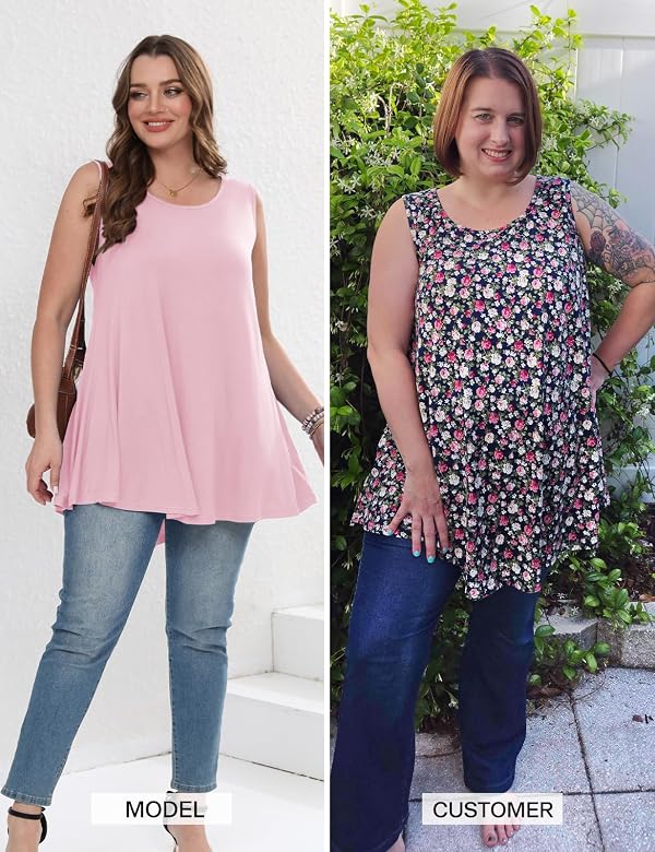 JollieLovin Plus Size Womens Long Tunic Tank Tops Sleeveless Crew Neck Flowy Swing Shirts(1X,Pink) by JollieLovin - Used condition - Image 6