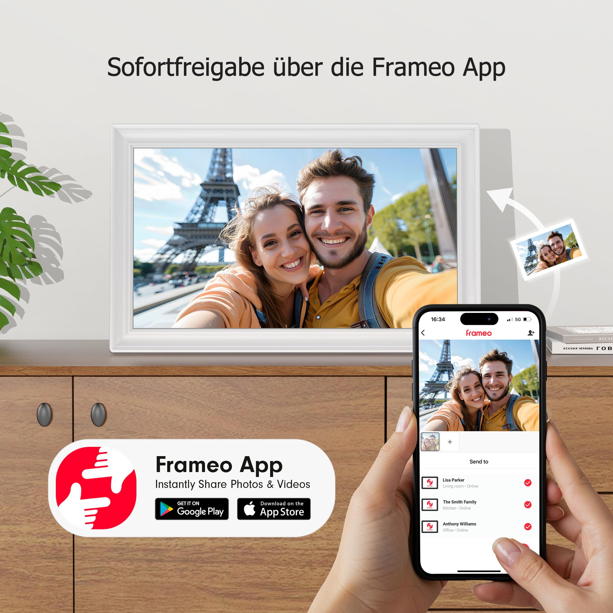 FRAMEO Marco de fotos digital de 64 GB de 15,6 pulgadas, color blanco - FHD 1920 x 1080P IPS pantalla táctil marco digital de rotación automática Marco de fotos electrónico, compartir fotos/vídeos al