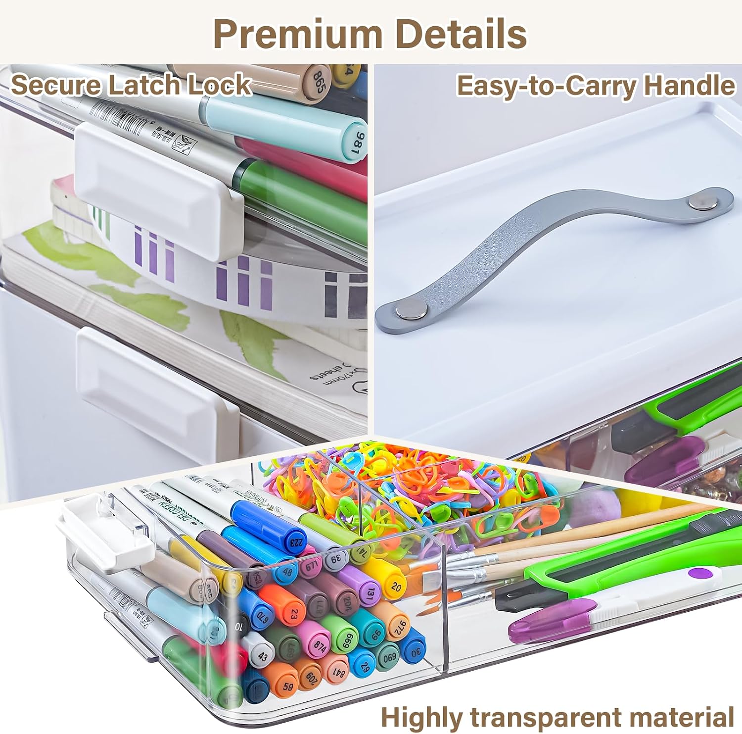 19QT 3-Layer Plastic Craft Organizers and Storage Box with Removable Trays, Portable Craft Storage Container with Handle for Art Supply Organizer, Sewing Organizer, Beads, Nail Polish, Tools