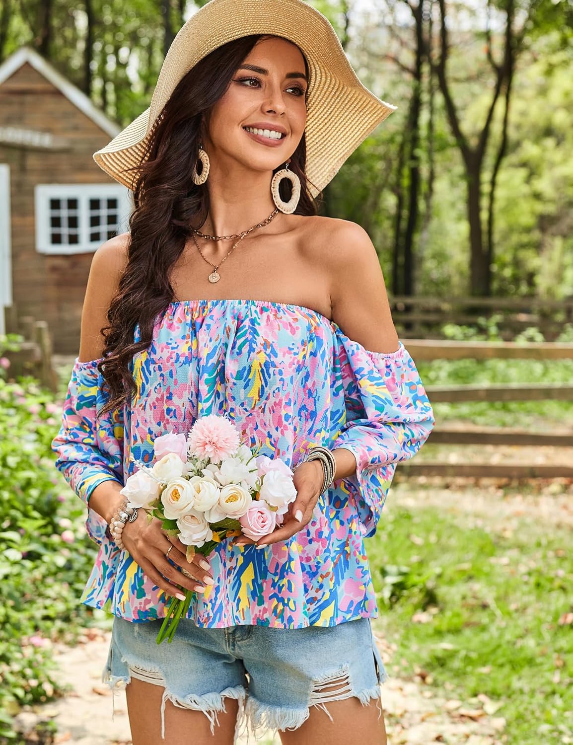 Bluetime Women Summer Off Shoulder Chiffon Blouse Ruffles Short Sleeves Tops Casual T Shirt - Image 4