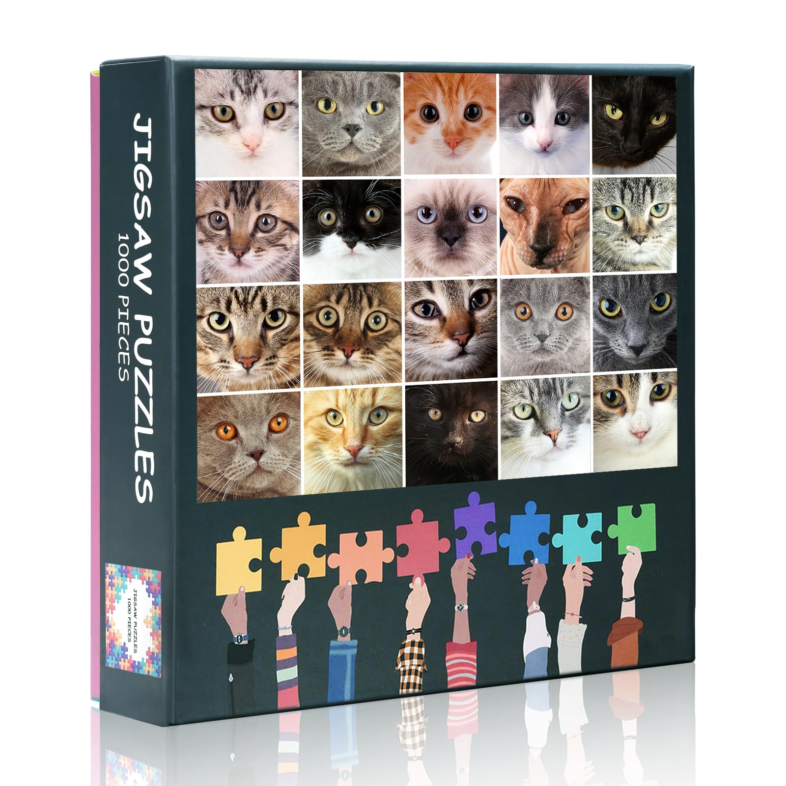 Jigsaw Puzzles 1000-Pieces - Whimsical Cat Faces Collage Art - 20x28 Inch Colorful Feline Portrait Puzzle for Adults - Playful Kittens Photo Mosaic Home Decor & Gift