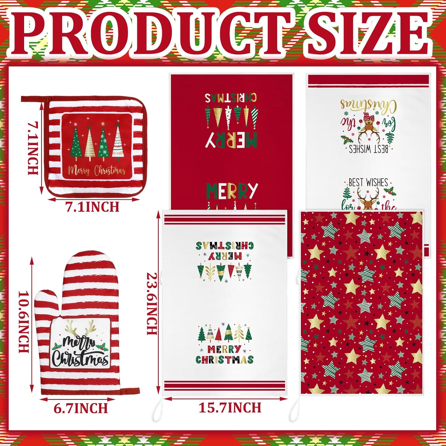 Leinuosen 8 Pcs Christmas Kitchen Decoration Set Christmas Tree Kitchen Towels Oven Mitts and Pot Holders Red Black Buffalo Plaid Dish Towels Oven Mitts Accessories for Baking Cooking(Colorful,Star) - Image 3