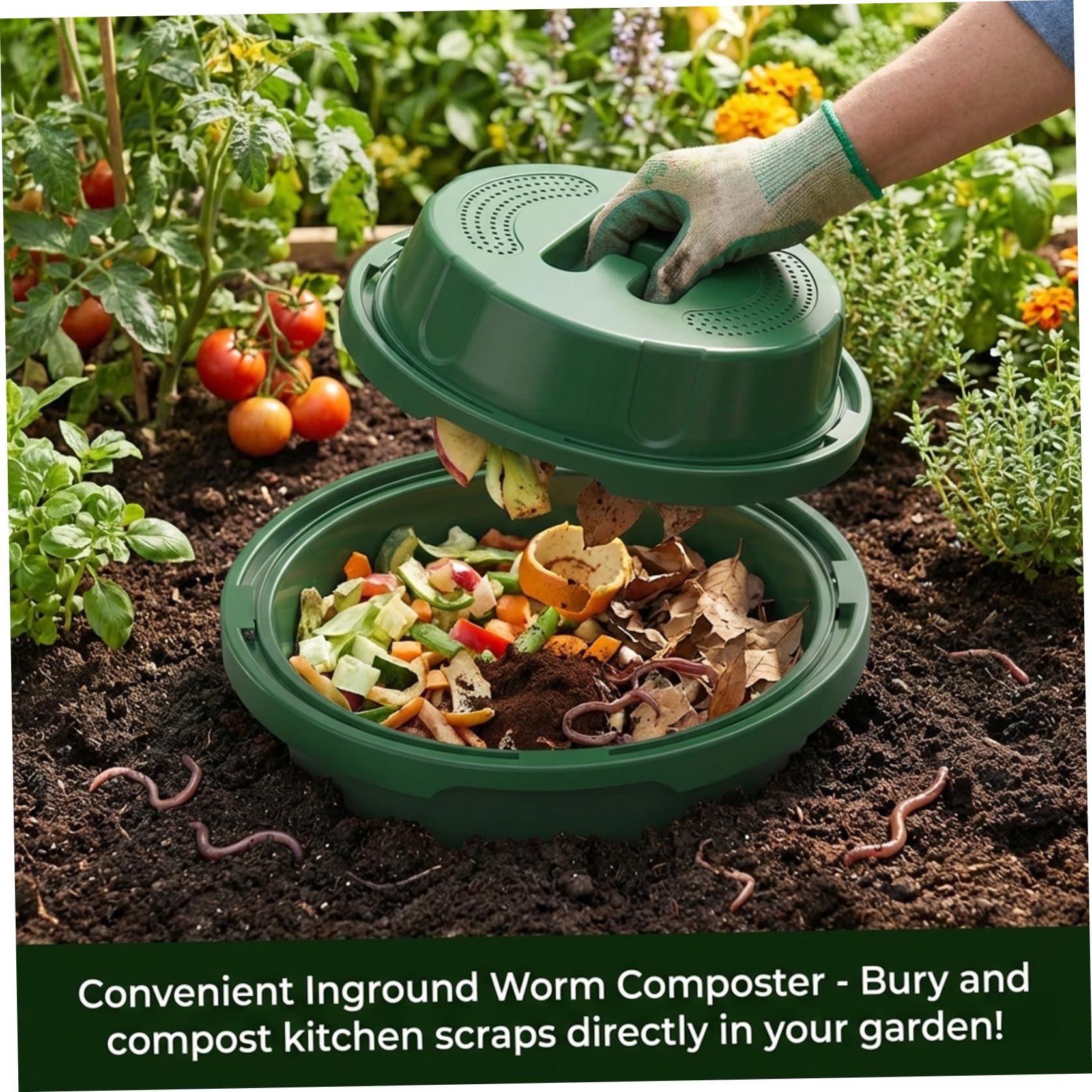 In Ground Worm Composter, 12L Worm Composter for Garden Beds & Home Use, Vermicomposting Bin for Beginners, Green. — view 4