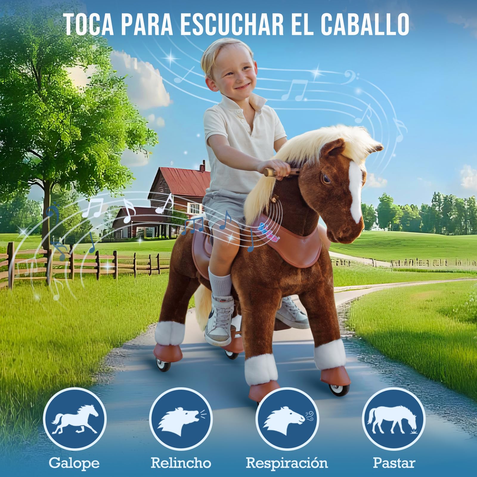 PonyCycle - Caballo Juguete Simulación para Niños de 4 a 7 Años, Juguete Marrón para Montar con Ruedas, Modelo Y Pony de Juguete para Montar con Sonidos y Frenos, Niños - Y474