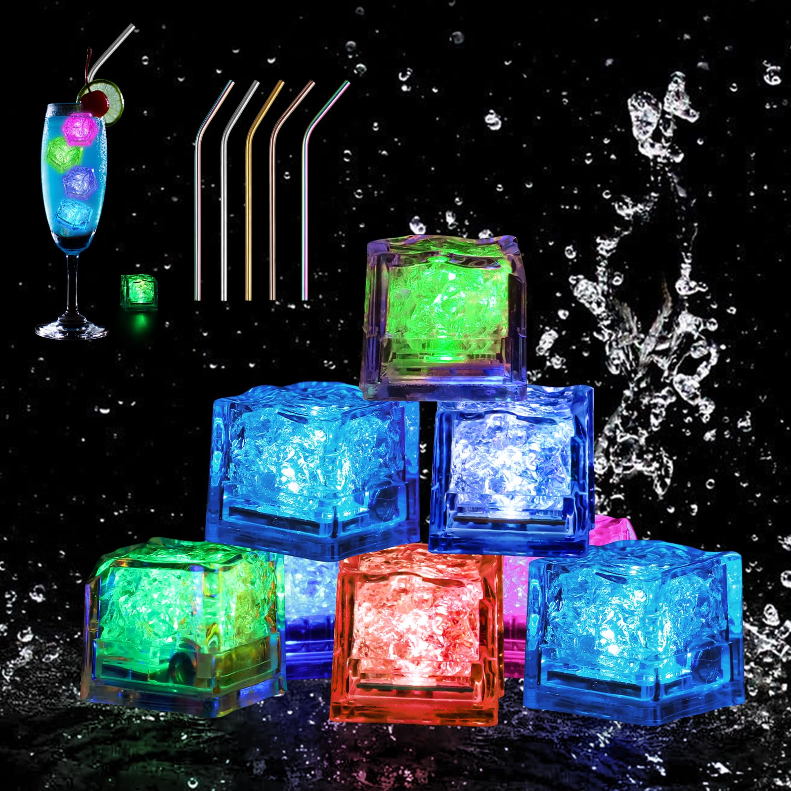 Paquete de 40 cubitos de hielo iluminados para bebidas, cubitos de hielo LED activados por líquido con 5 popotes, reutilizables, de grado alimenticio, multicolor para bares, clubes, bodas