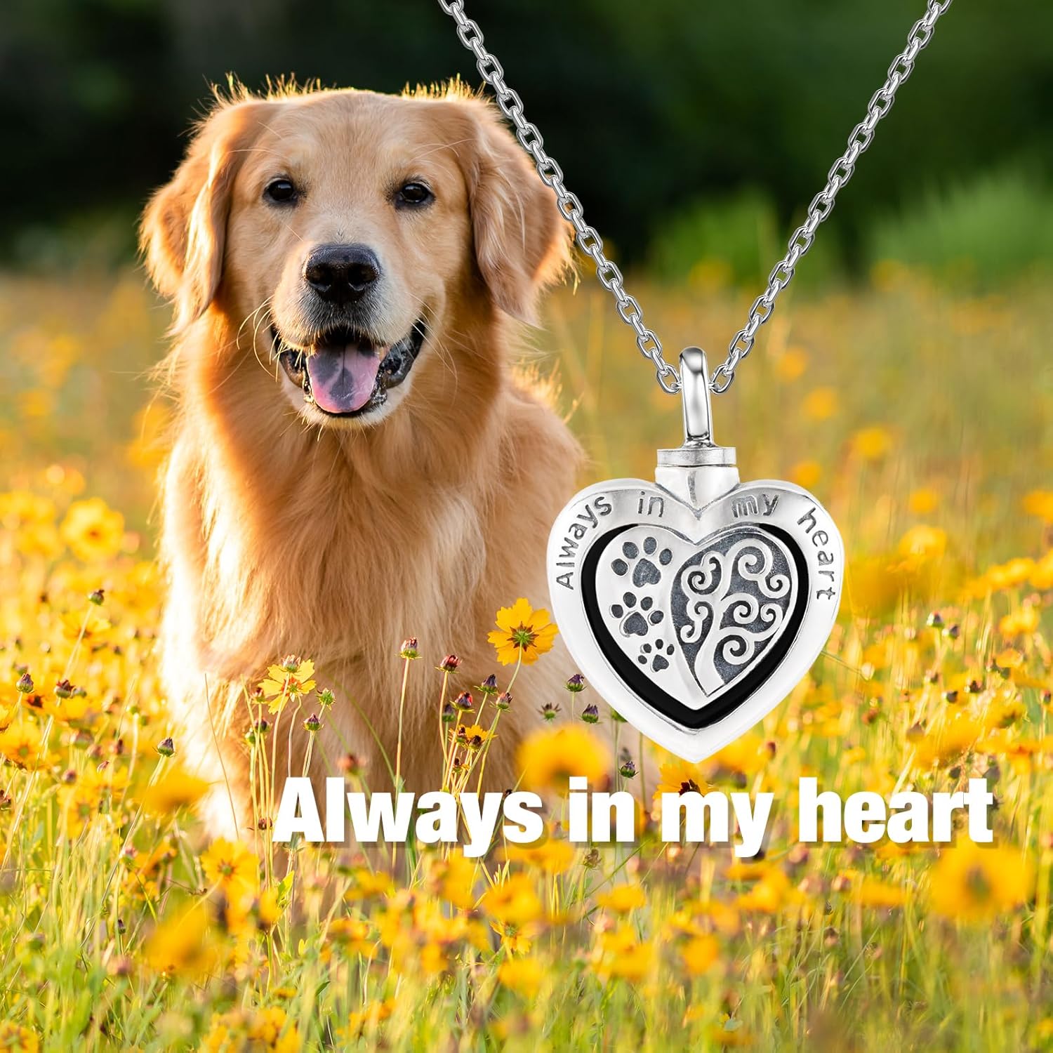 925 Sterling Silver Heart Pet Urn Necklace for Ashes - Dog/Cat Memorial, Paw Print & Tree of Life, Always in My Heart Engraved 18"
