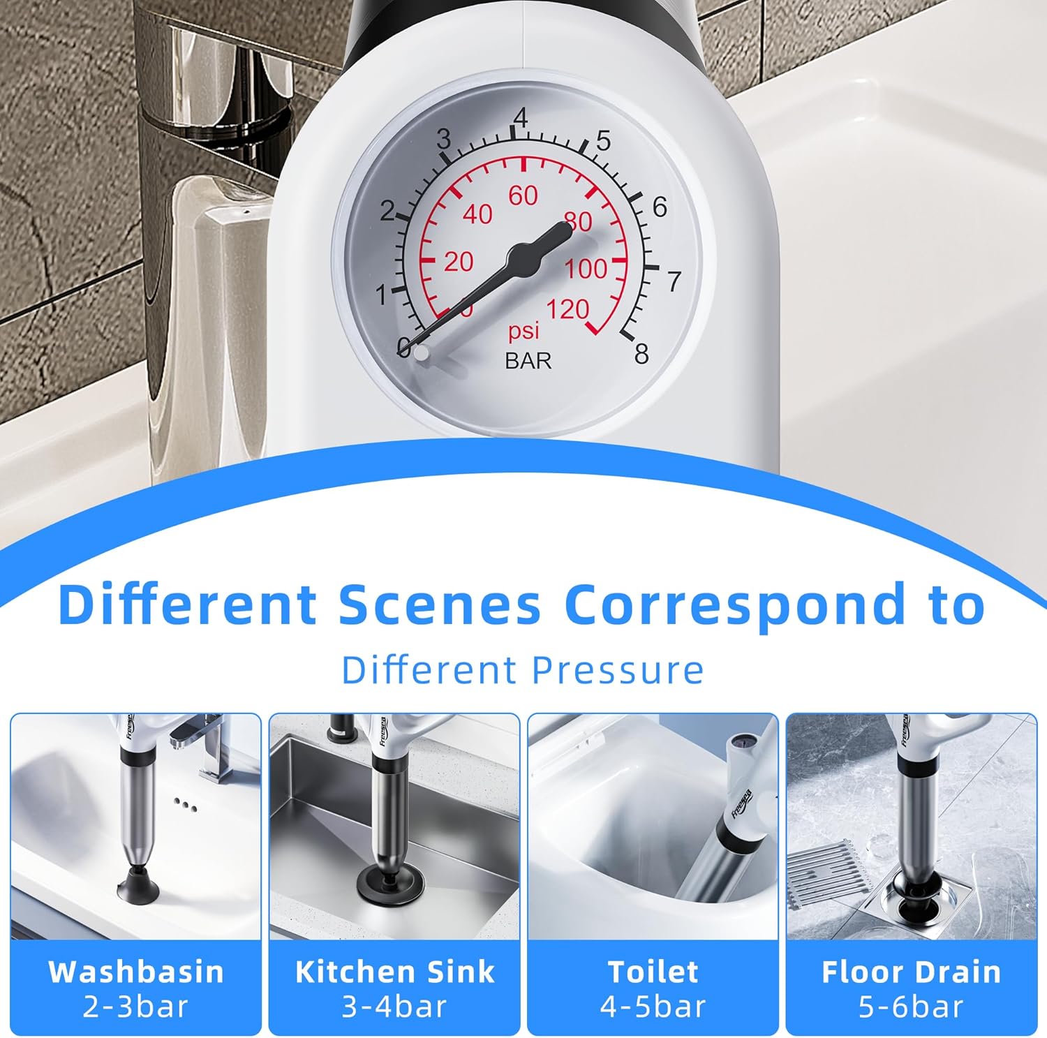 FREESEA Toilet Plunger Clog Remover: High-Pressure Air Drain Blaster Tool - Heavy Duty Air Plunger with Real-Time Barometer for Bathroom Floor Drain Kitchen Sink Clogged