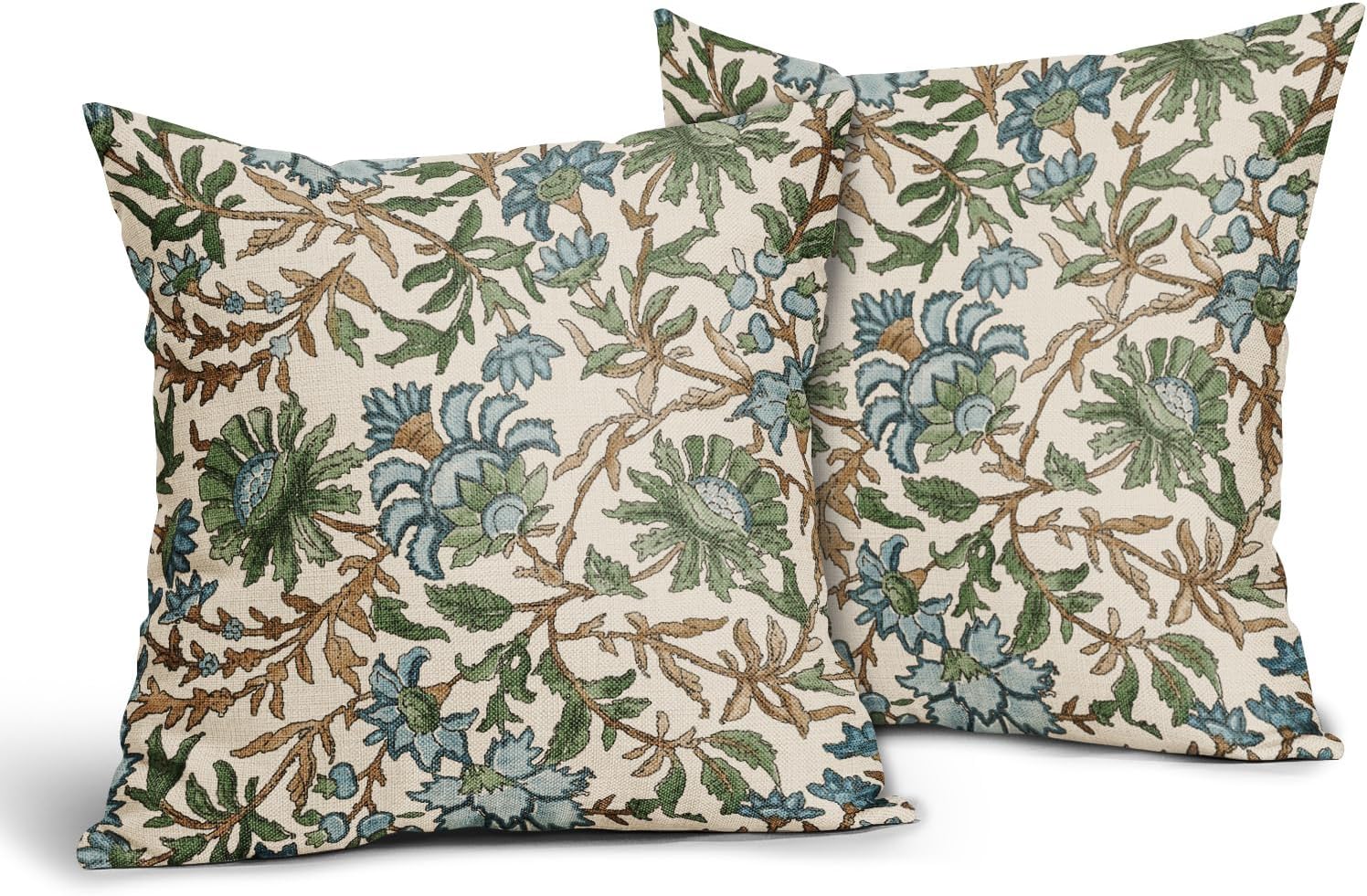 Vintage Floral Pillow Covers 24x24 Set of 2 Green Blue Retro Botanical Flower Pattern Print Neutral Decorative Throw Pillow Cases Boho Outdoor Rustic Farmhouse Decoration for Sofa Couch Bed