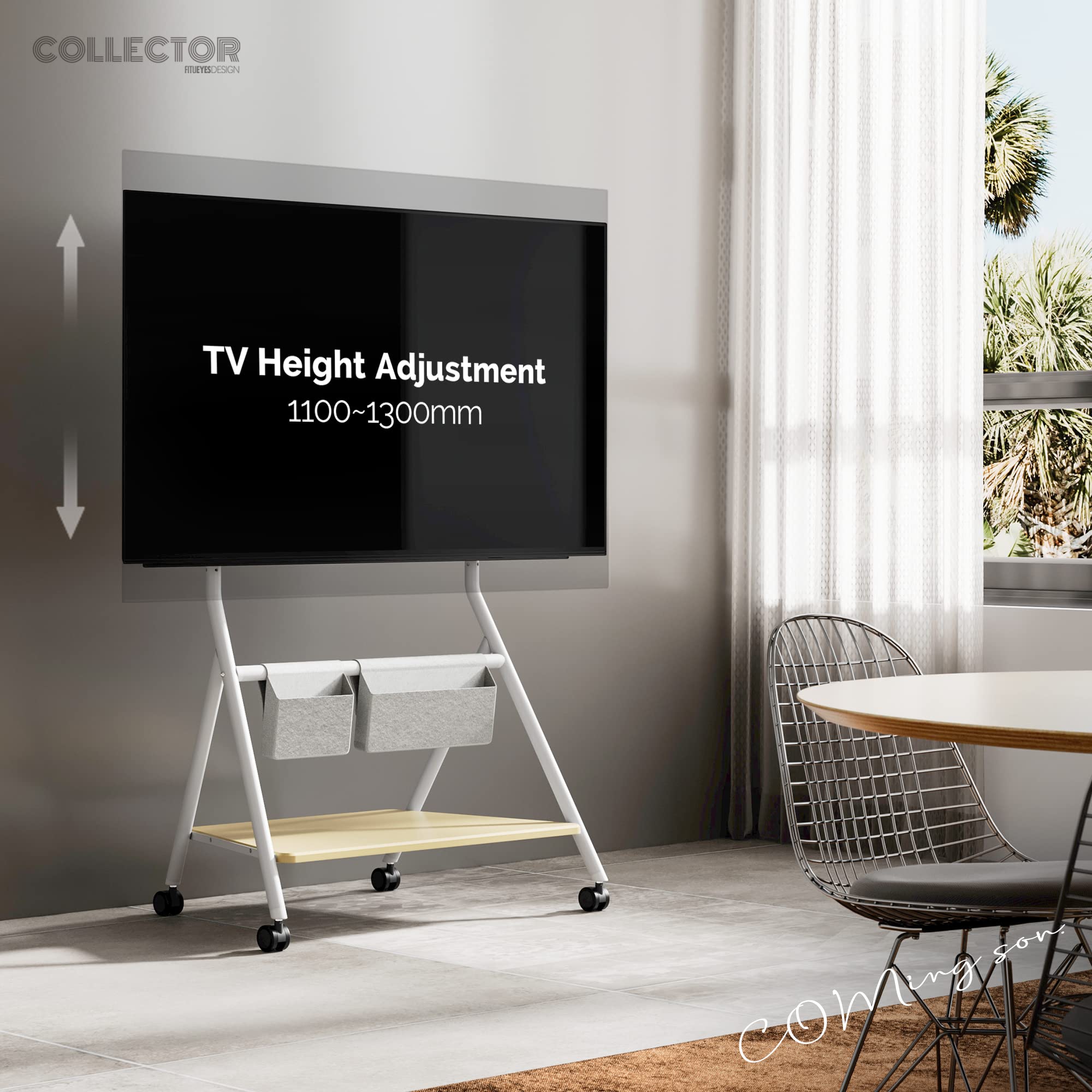 FITUEYES Supporto TV da Pavimento per Schermi 55 60 65 75 78 Pollici con Ruote, Carrello Moderno Mobile TV ad Angolo con Ripiani in Legno, Serie COLLECTOR