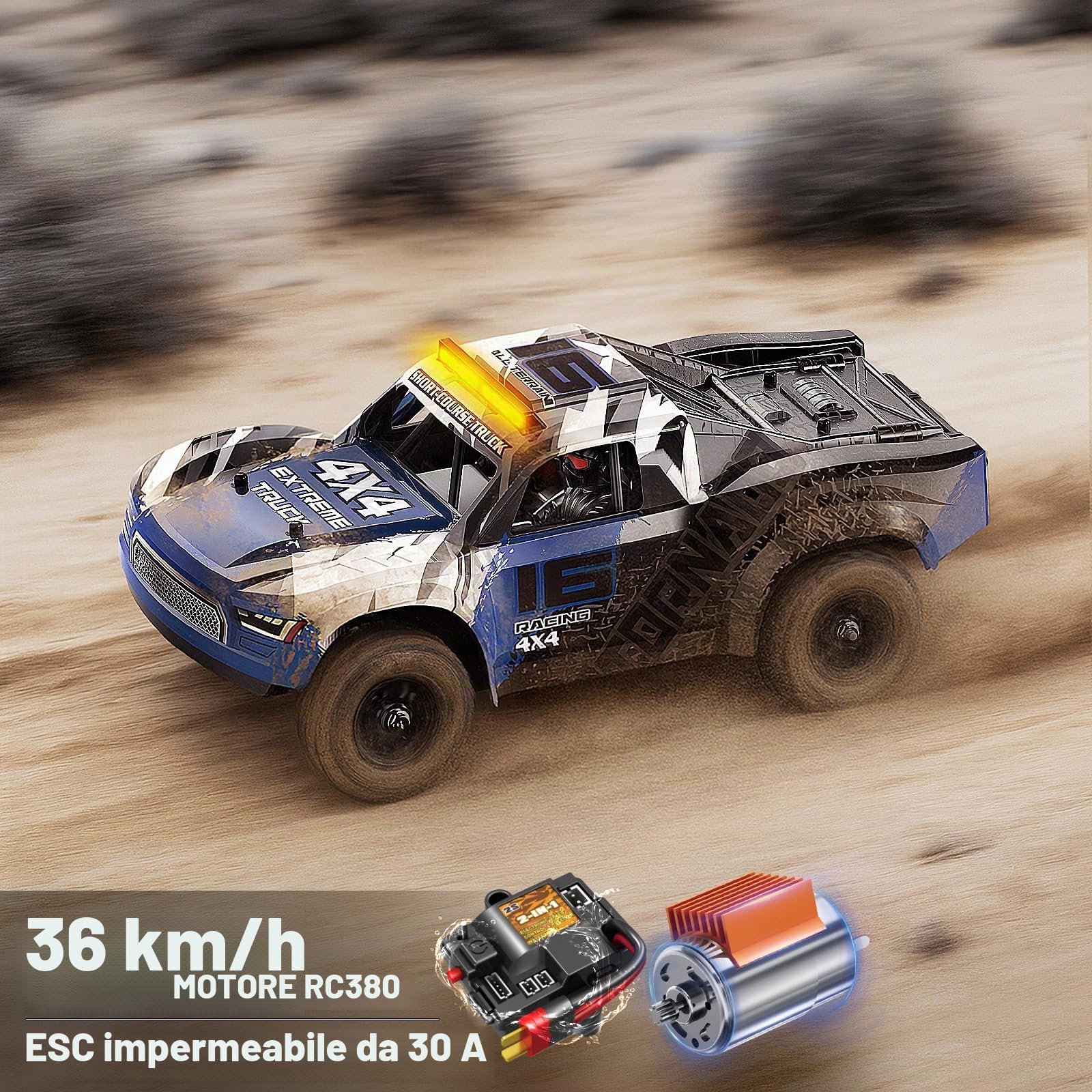 Macchina telecomandata professionale 2,4GHz,Monster Truck RC 1/16, Veicolo Fuoristrada 4WD Resistente all’Acqua con Doppie Batterie, Pneumatici Drift e Off-Road, Trasmissione in Metallo e Luci LED