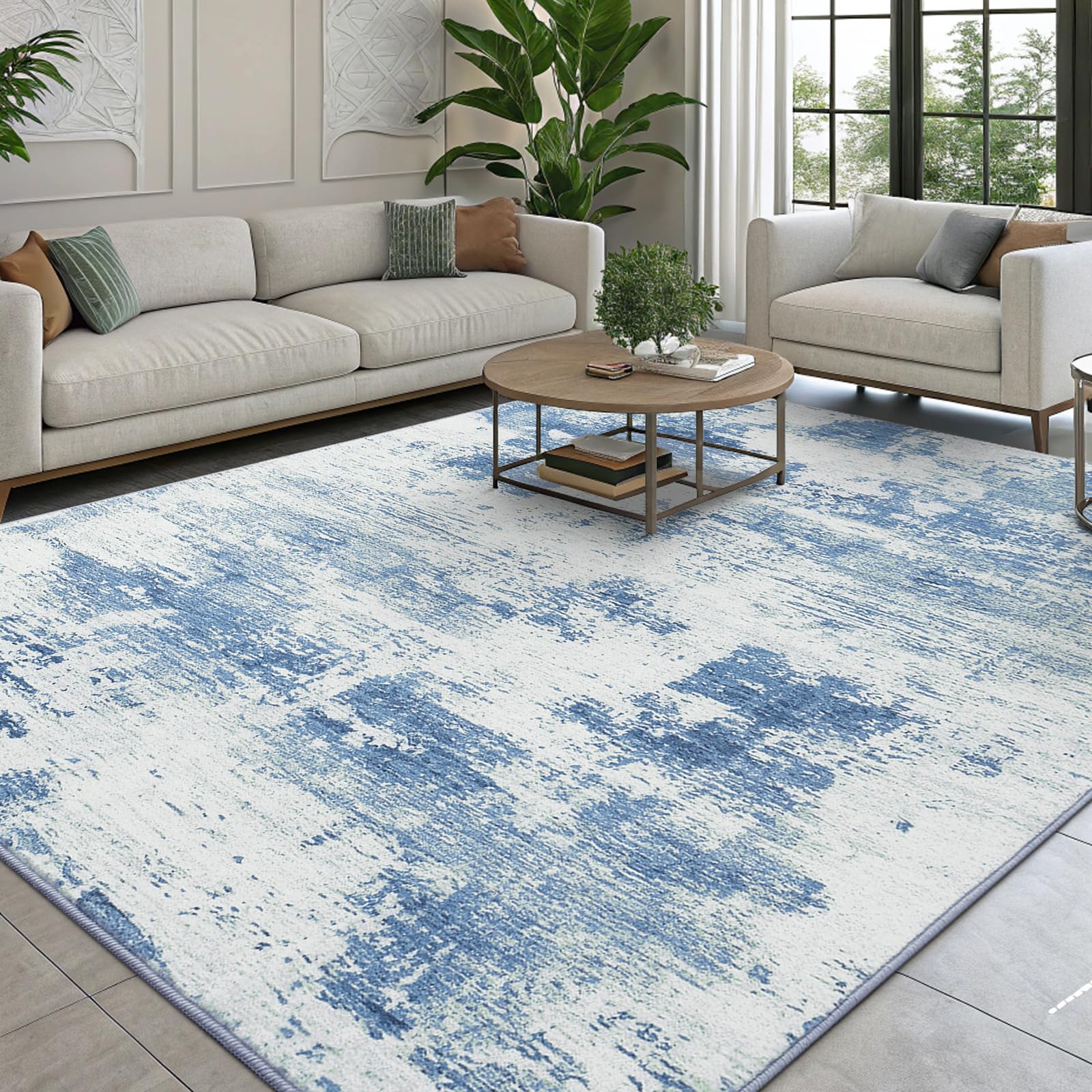 smiry Moderner Abstrakter Teppich Wohnzimmer 120x160cm, Waschbar Anti-Rutsch Kunstwolle Kurzflor Teppich für Schlafzimmer, Esszimmer, Büro, Elfenbeinblau