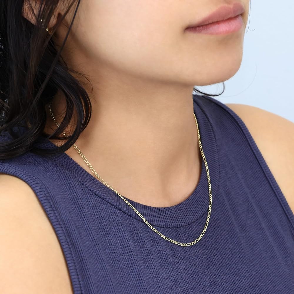 Nuragold 10k Real Yellow Gold Figaro Link 2mm Chain Necklace