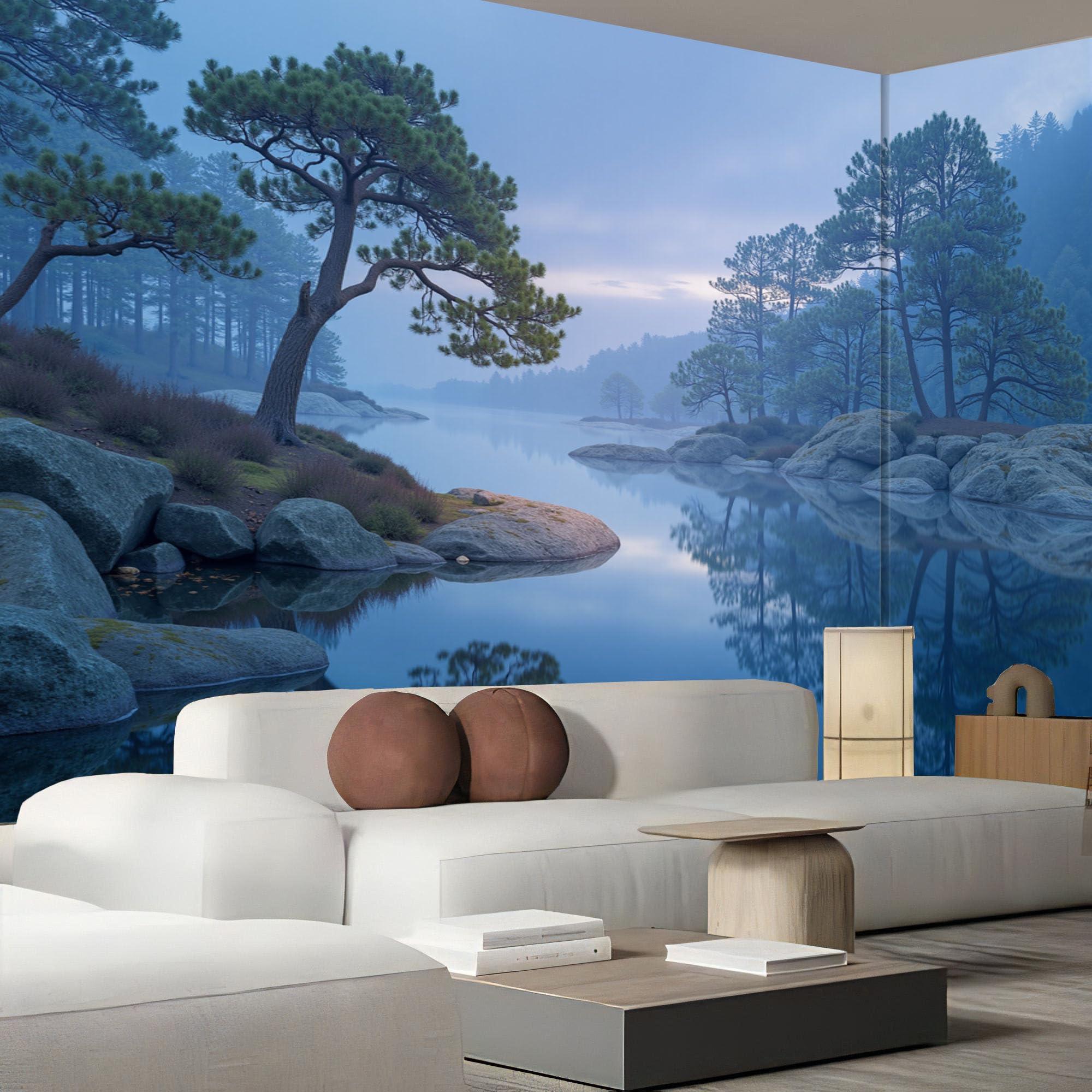Papier peint panoramique paysage lacustre brumeux bleu 3D