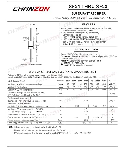 Miniatura 2 de Paquete de 100 piezas Chanzon SF28 Super Fast Recovery Rectificador Diodo 2A 600V 35ns DO-15 (DO-204AC) Axial 2 Amp 600 Volt Diodos Electrónicos