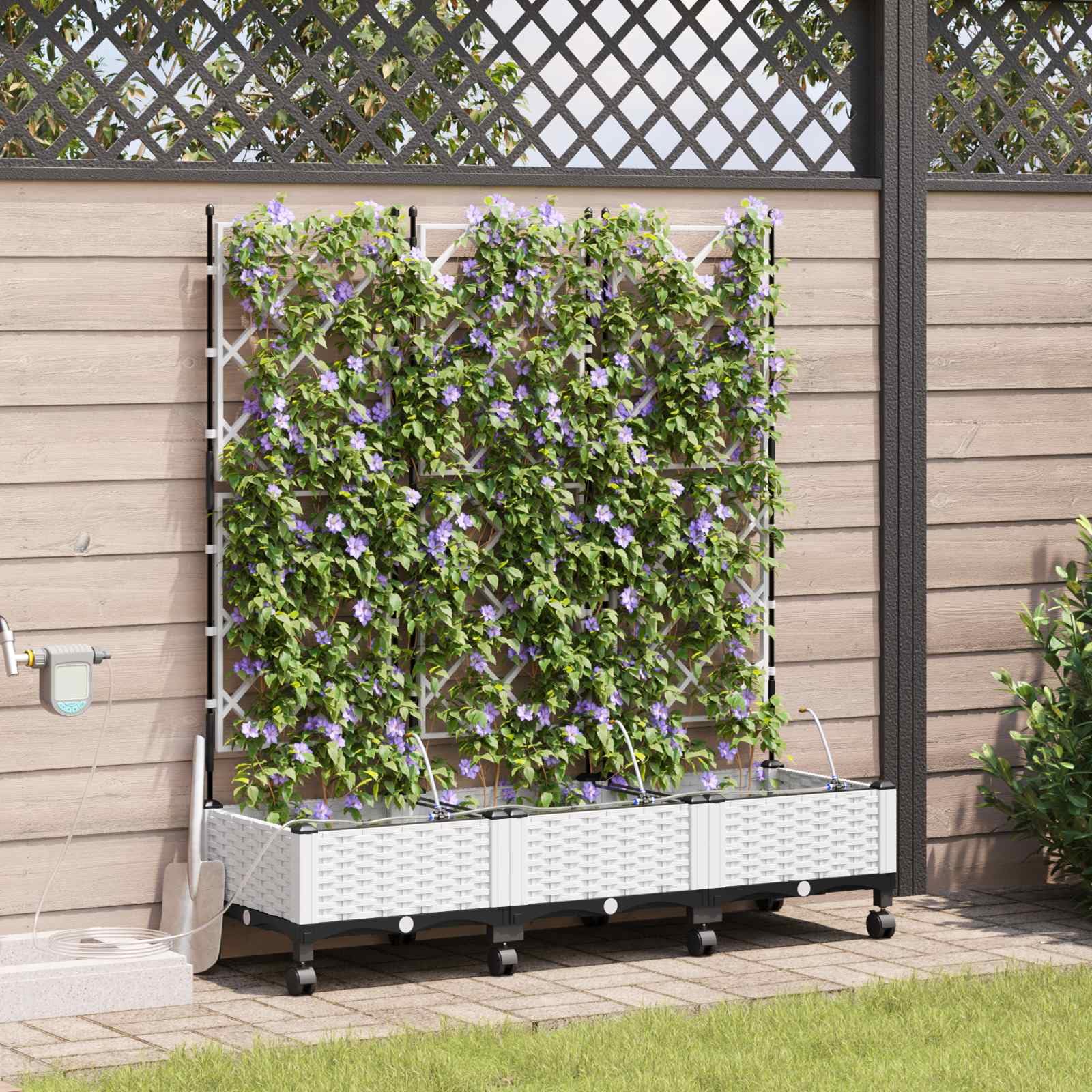 vidaXL Fioriera da giardino con irrigazione e ruote, 3 pezzi, in polipropilene bianco, da giardino e terrazza, moderna fioriera autoirrigante, resistente scatola per piante da esterno, contenitore