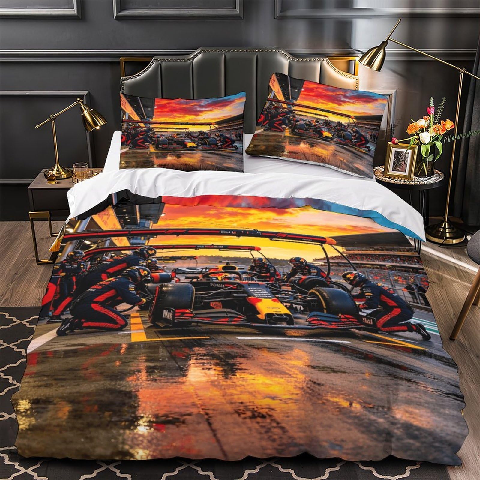 DAFUfbw Formulaa Racing Warmth Bedding Set Hidden Zipper Duvet Cover with Pillowcases Pit Stop Quilt Cover Soft Microfiber Comforter Cover Super King（260x220cm）