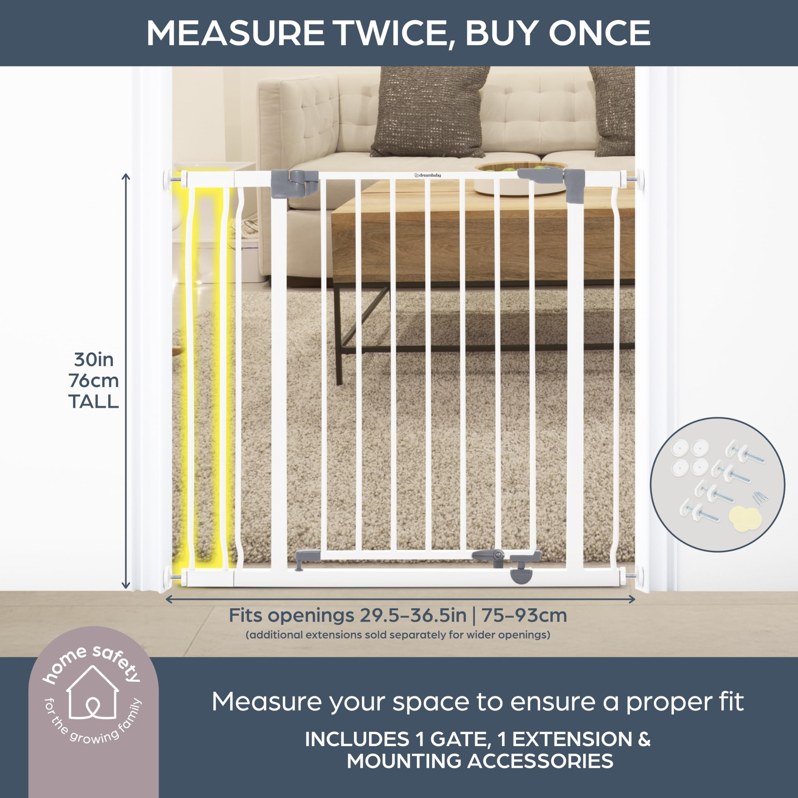 Dreambaby Liberty Walk Thru - Juego de Puerta de Seguridad para bebés, con Panel de extensión de 3.5 Pulgadas, se Adapta a Aberturas de 29.5 a 36.5 Pulgadas, Puertas de Seguridad montadas a presión