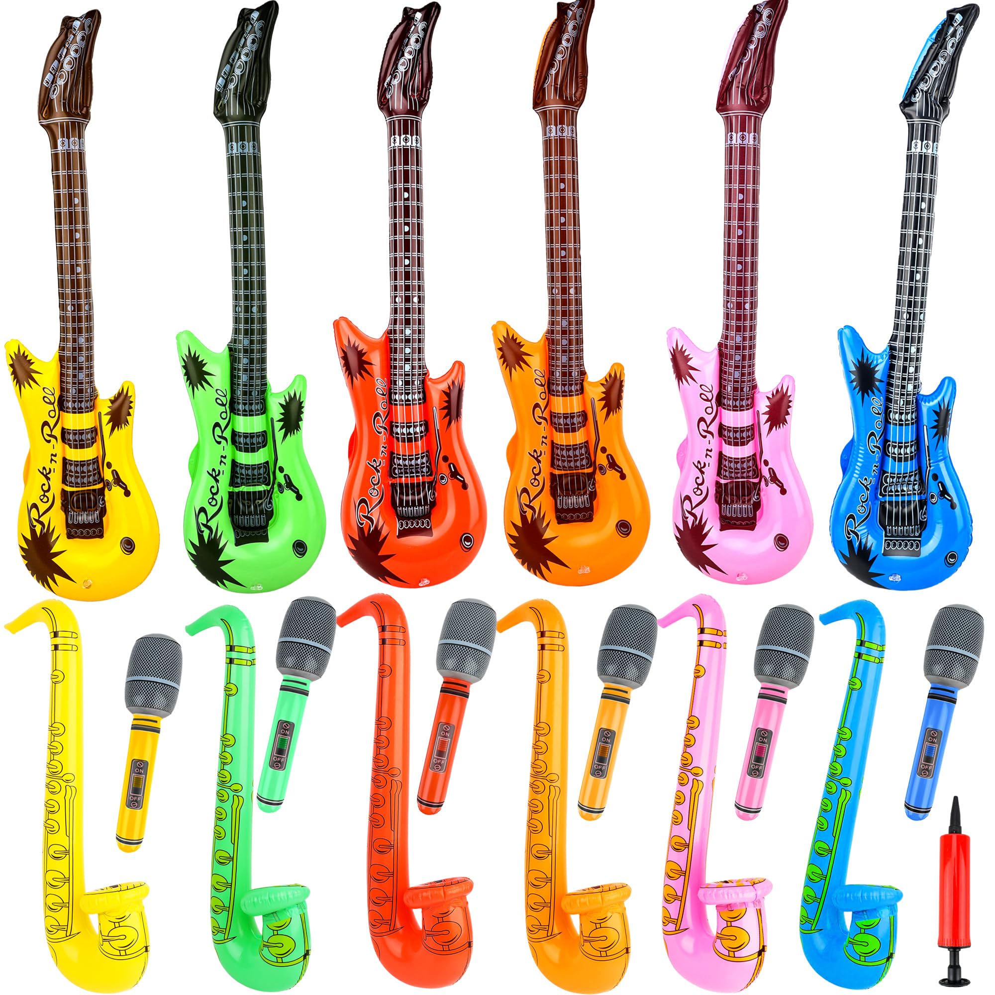 19 Pcs Inflatable Rock Star Instrument Set 6 Inflatable Microphone 6 Inflatable Guitar 6 Inflatable Saxophone 1 Air Pump for 80s Themed Party Carnival Birthday Party Decorations