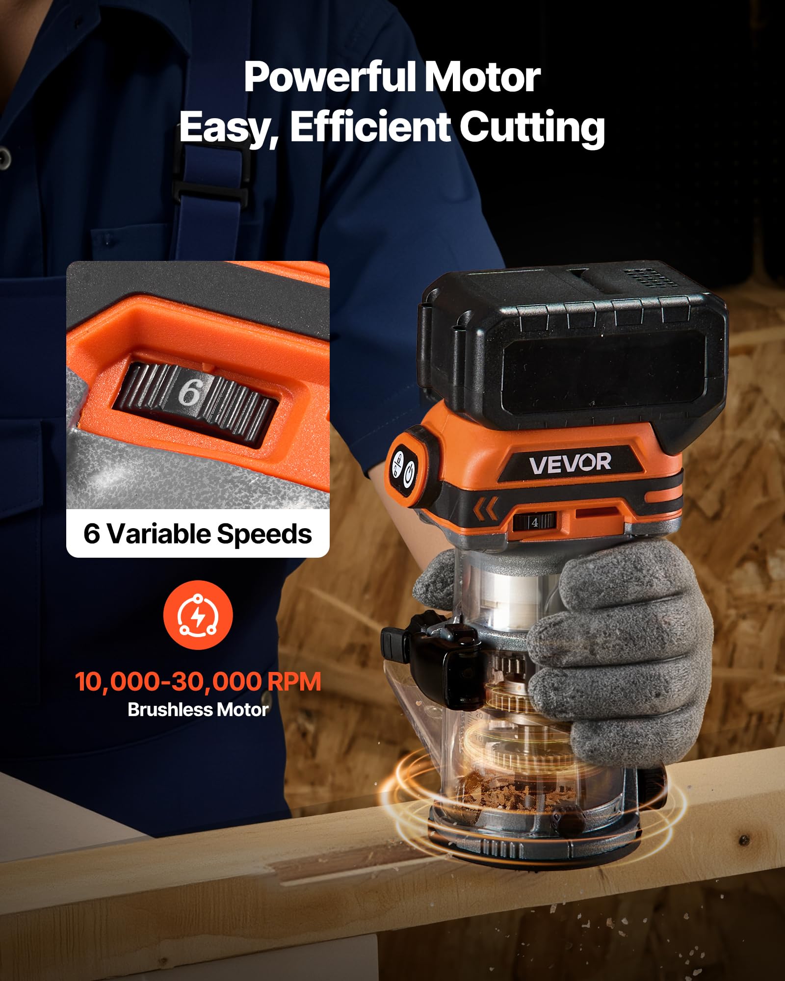 VEVOR Fresadora de Madera Inalámbrica 18 V sin Escobillas, Rebajadora Eléctrica de 6 Velocidades Variables, con Base Fija y Pinza de 6,35 mm, para Perfilar Bordes, Carpintería, Batería No Incluida