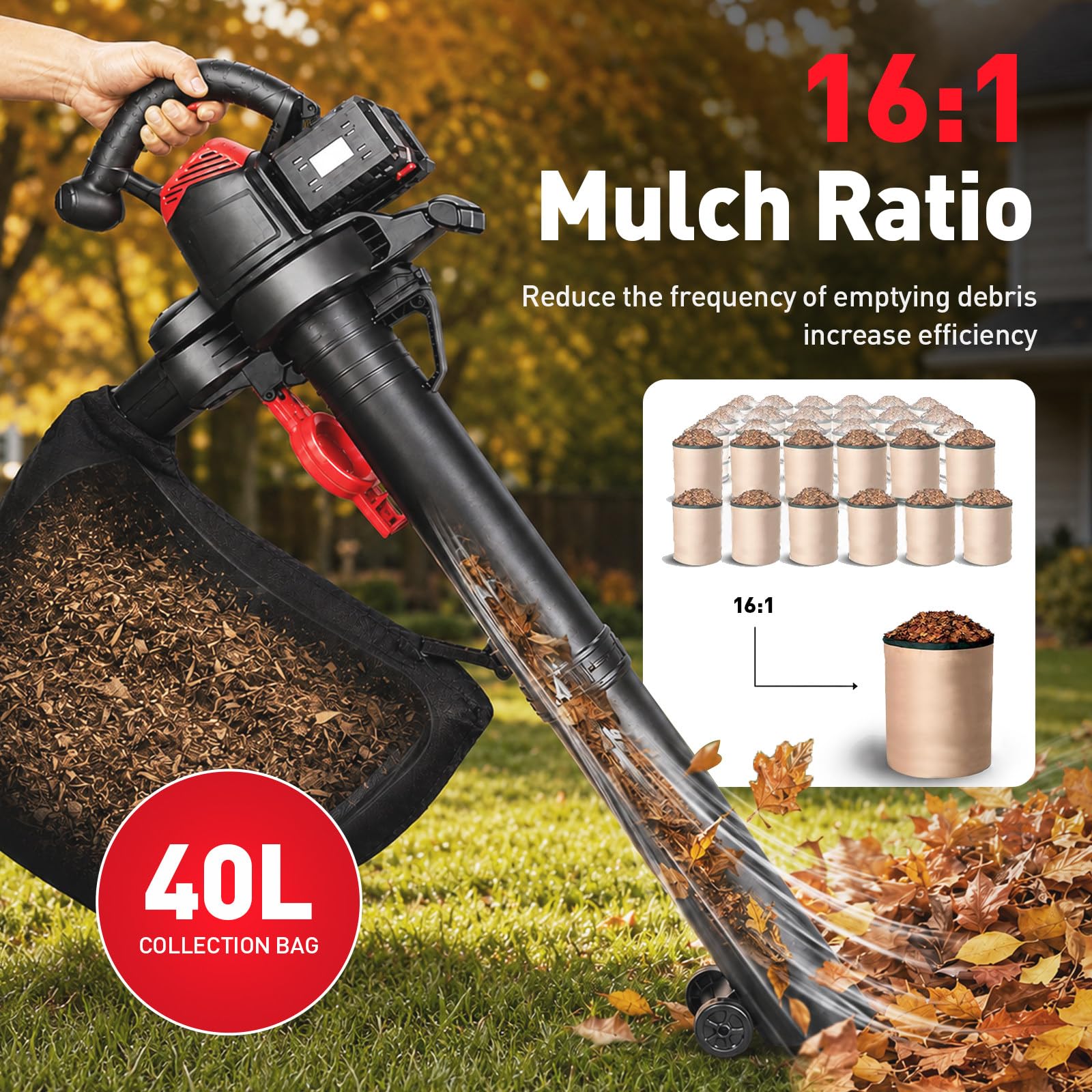 3800W Aspirateur Souffleur Broyeur Feuilles sans Fil 20000mAh