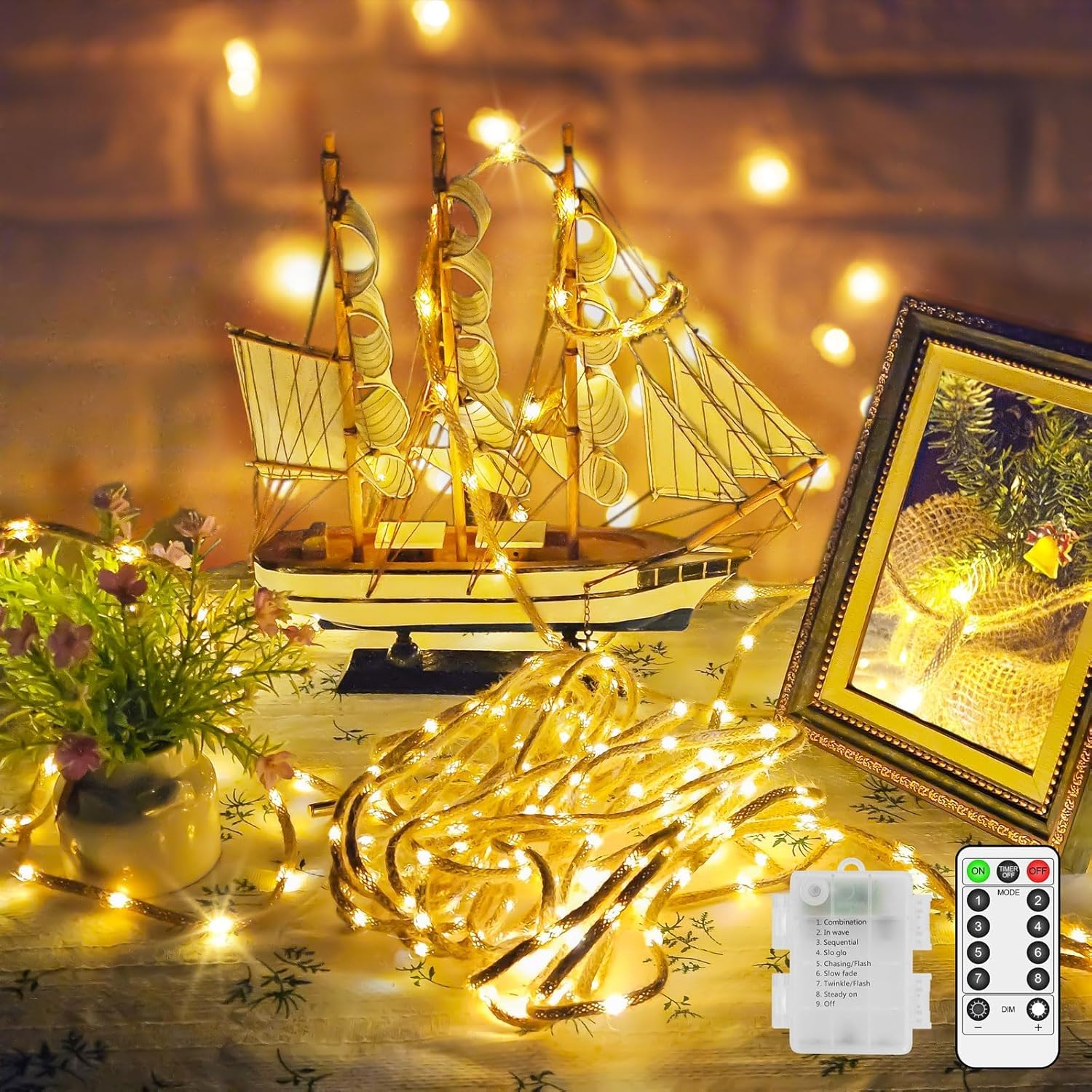 Amazon.com: 20FT 100LED Hemp Rope Lights Battery Operated, Christmas Indoor Outdoor Waterproof ...