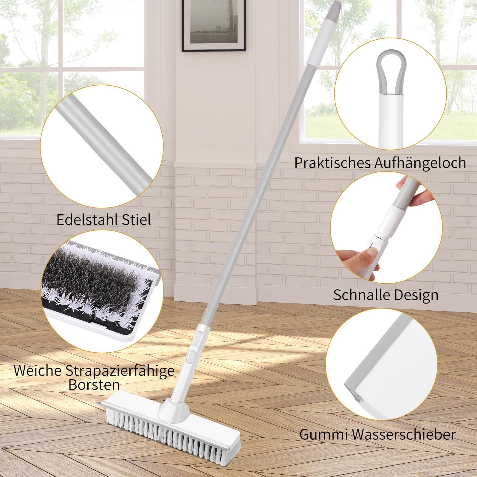 Scrubber con manico, spazzola per il lavaggio 2 in 1 con estrattore fondo, setole rigide da 9 pollici con manico regolabile per la pulizia in interni, garage, cucina, piastrelle da parete