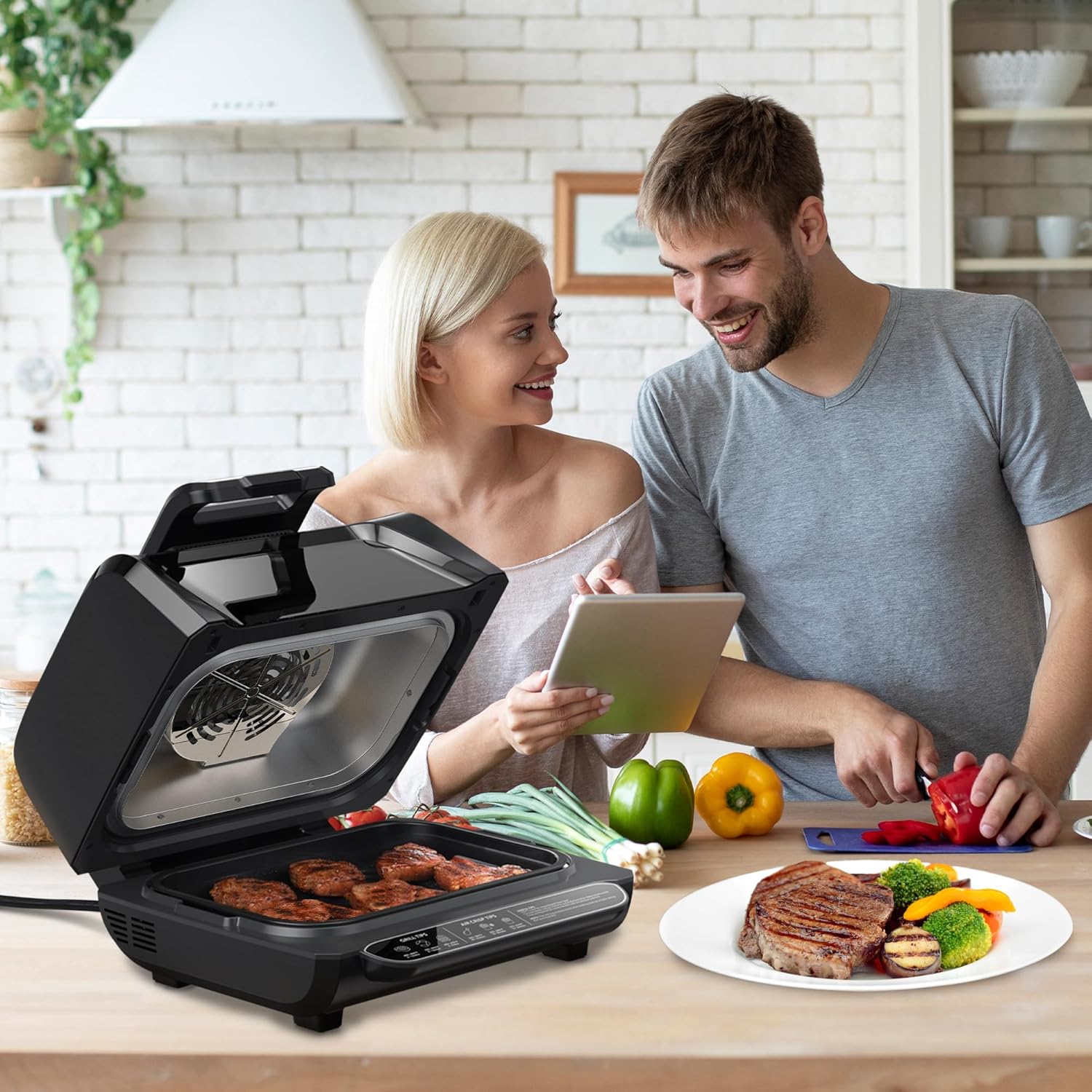 Smokeless Indoor Electric Grill with Viewing Window, 1750W 7-in-1 Air Fryer Oven, Grill, Bake, Roast & Dehydrate at Home – Up to 450°f