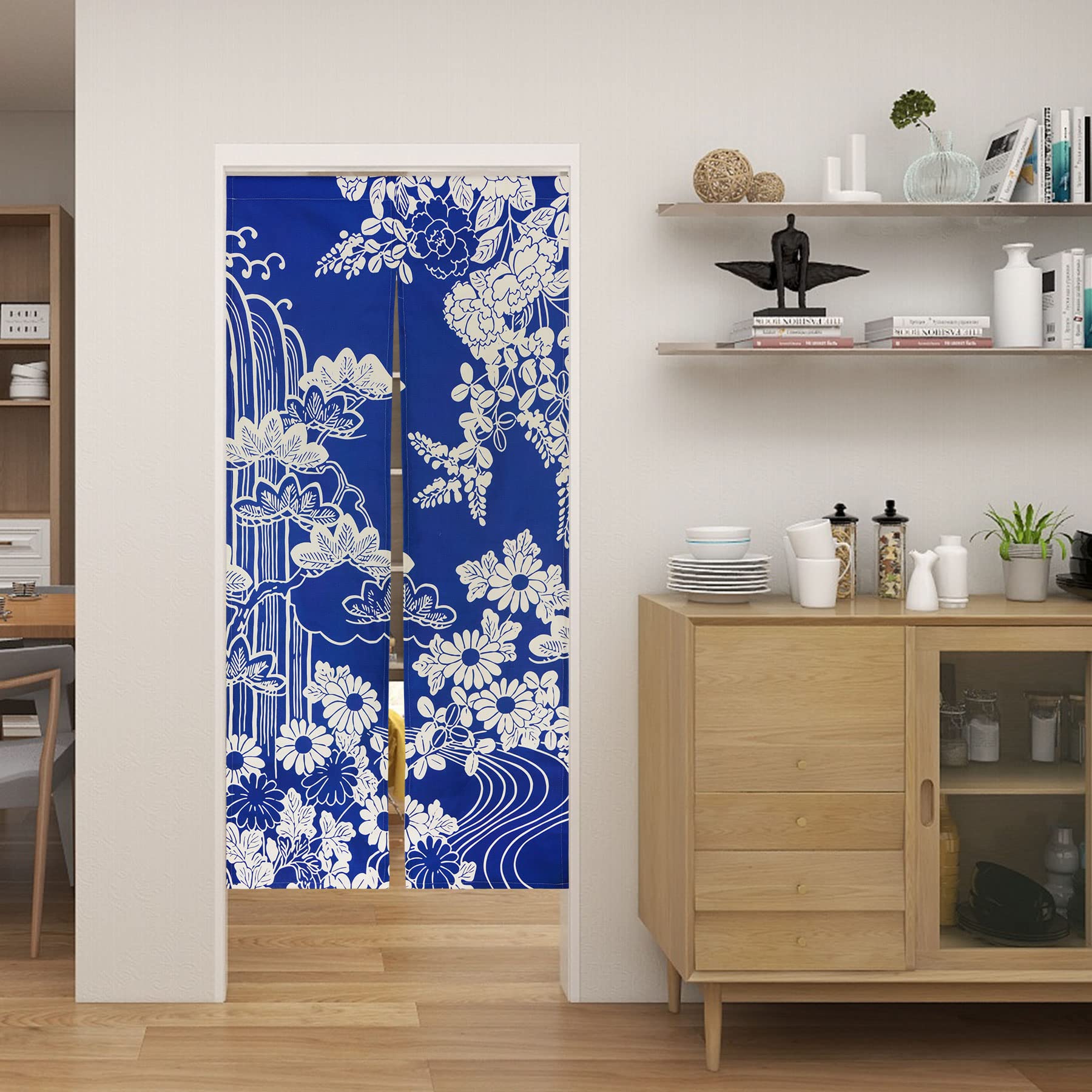 LIGICKY Noren - Tenda da porta giapponese, in cotone e lino, spessa, con stampa, per la decorazione della casa, 85 x 180 cm, blu (crisantemo)
