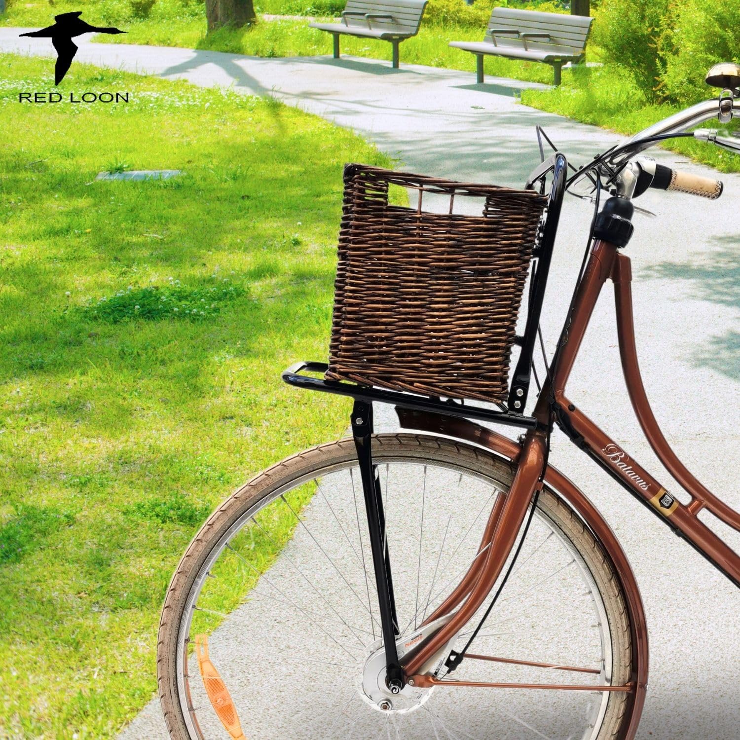 Fahrrad Gepäckträger vorne Frontgepäckträger - Fahrradgepäckträger Vorderrad - Red Loon Fahrrad Frontträger - Stahl Front Loader - Gepäckträger vorne universell - inkl Fahrradkorb aus Rattan