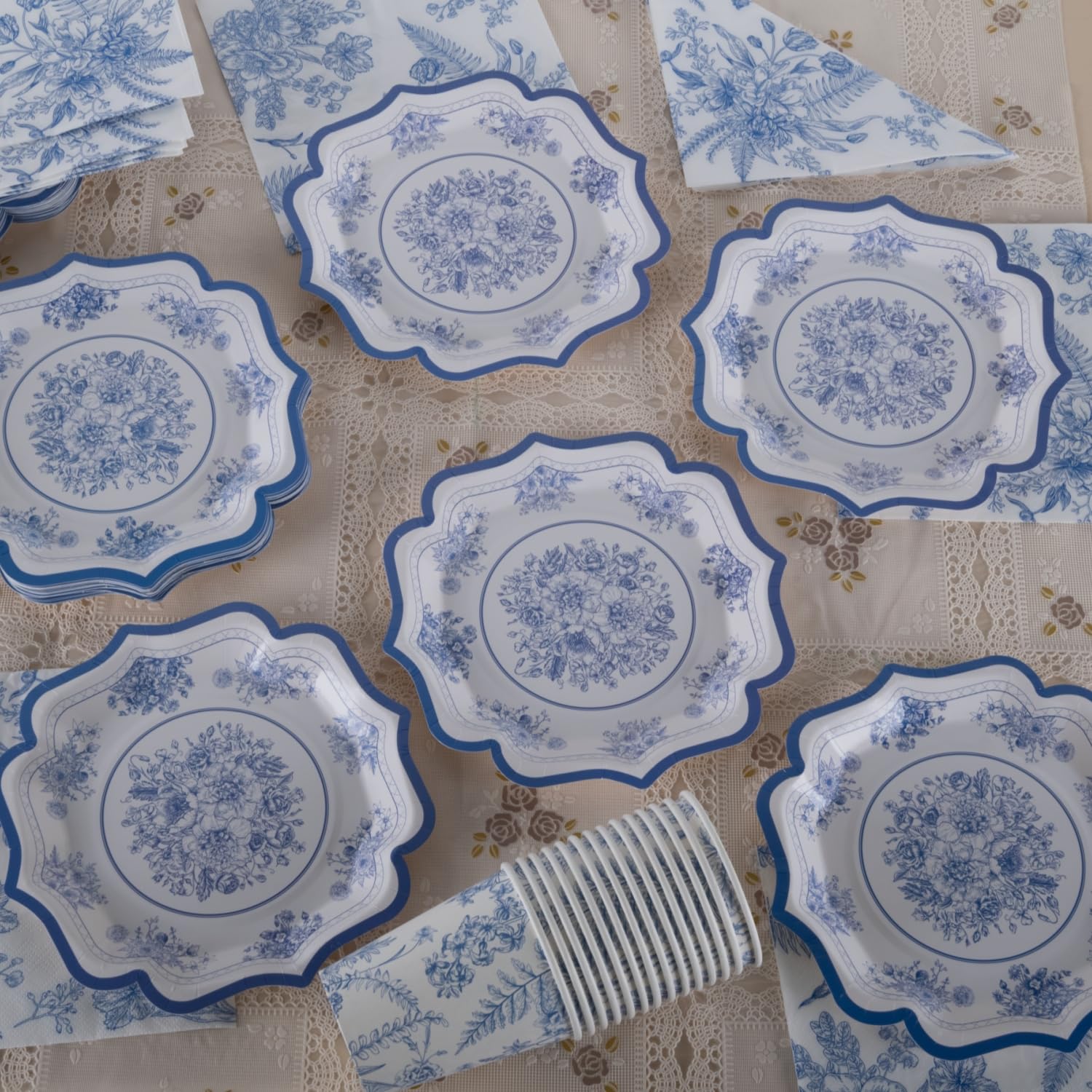 Stoviglie eleganti in cartone blu e bianco per 30 ospiti – Piatti, Asciugamani e Tazze – Tè, Compleanni