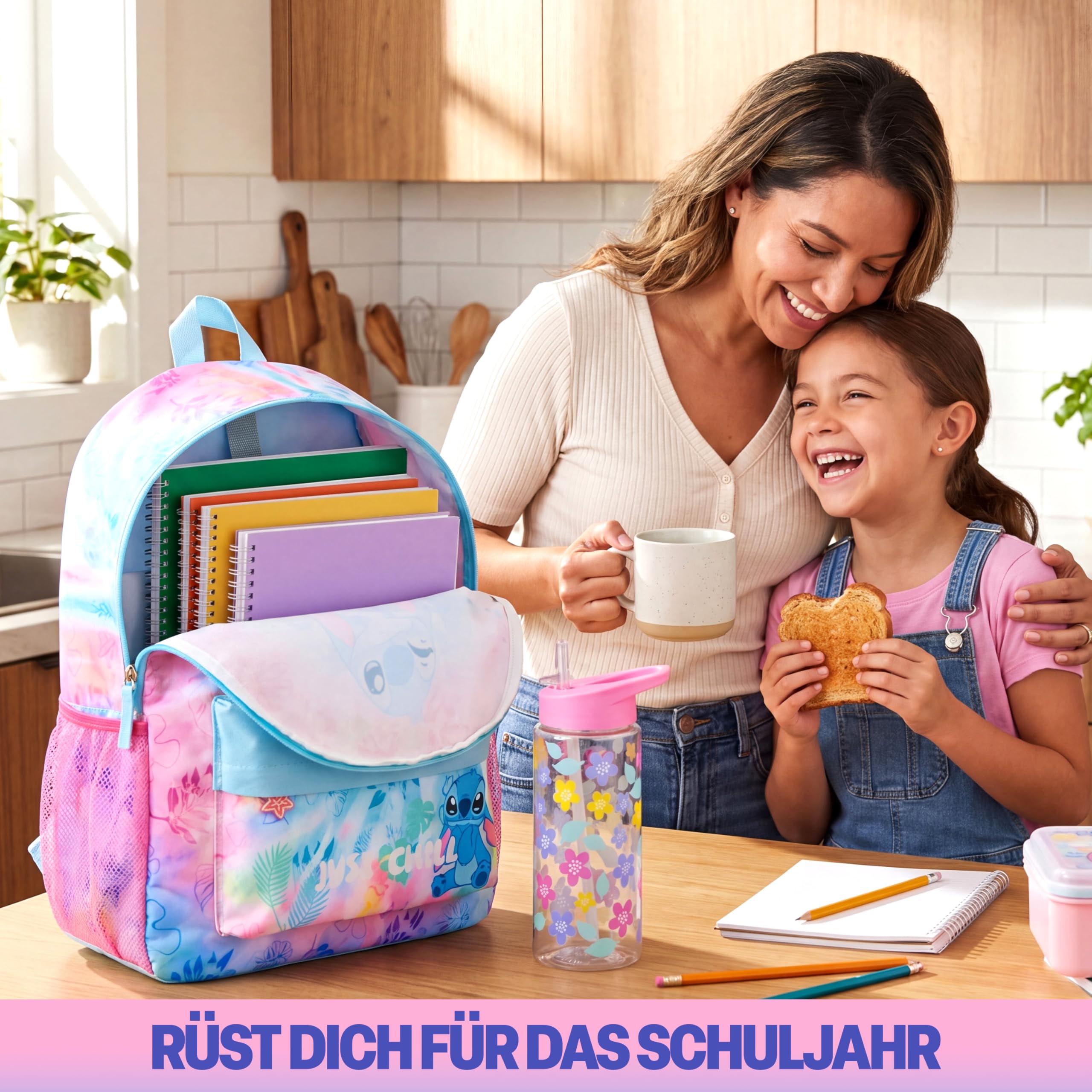 Get Trend Disney Stitch | Hello Kitty | Squishmallows Plecak dziewczęcy z butelką dla dzieci 500 ml, zamek błyskawiczny tornister dla dzieci i butelka bez BPA, Multi Stitch, Ensemble de 2 Pièces, 2