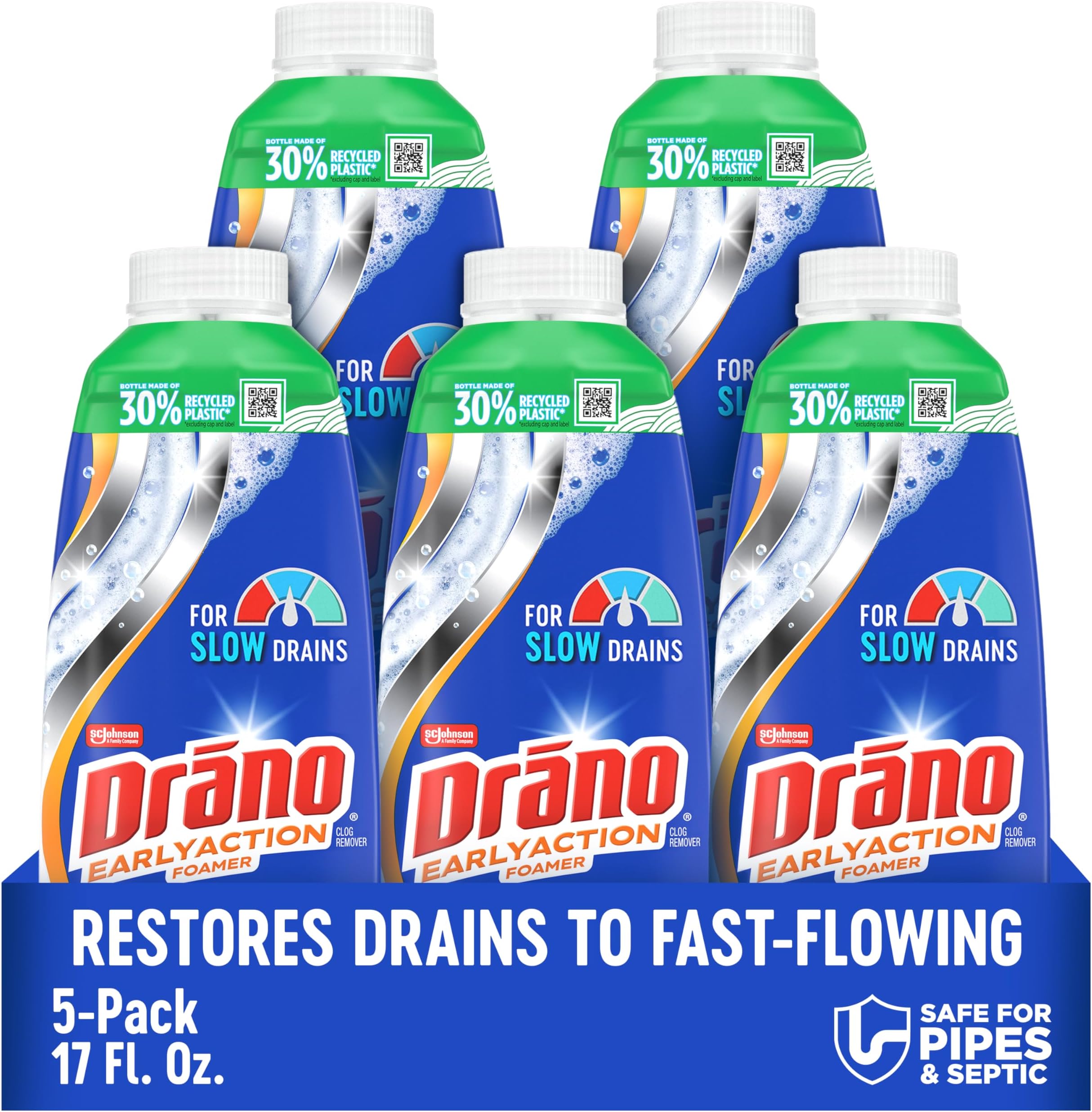 Drano Early Action Foamer Drain Clog Remover and Cleaner for Shower or Sink Drains, Unclogs and Removes Sources of Odor, 17 Fl Oz (Pack of 5)
