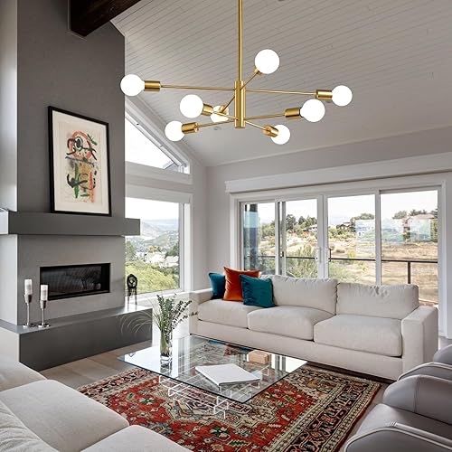Miniatura 8 de KAISITE Lámpara moderna Sputnik de techo con 8 luces, lámpara dorada para comedor, altura ajustable, mediados de siglo, lámpara colgante de techo