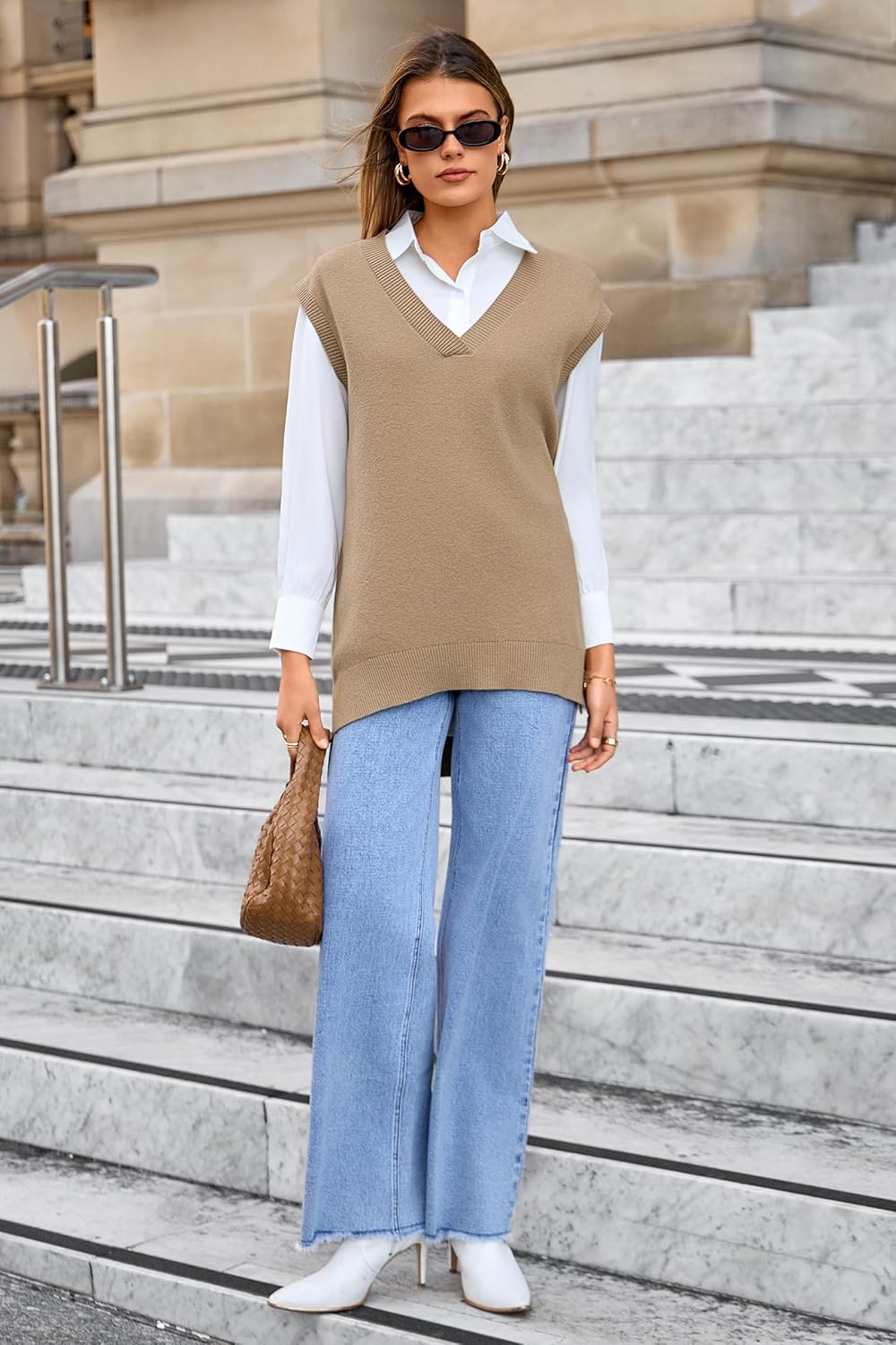 Arach&Cloz Women's Wool Blend Side Slit High Low Versatile V Neck Fall Sweater Vests 2025 - Image 5