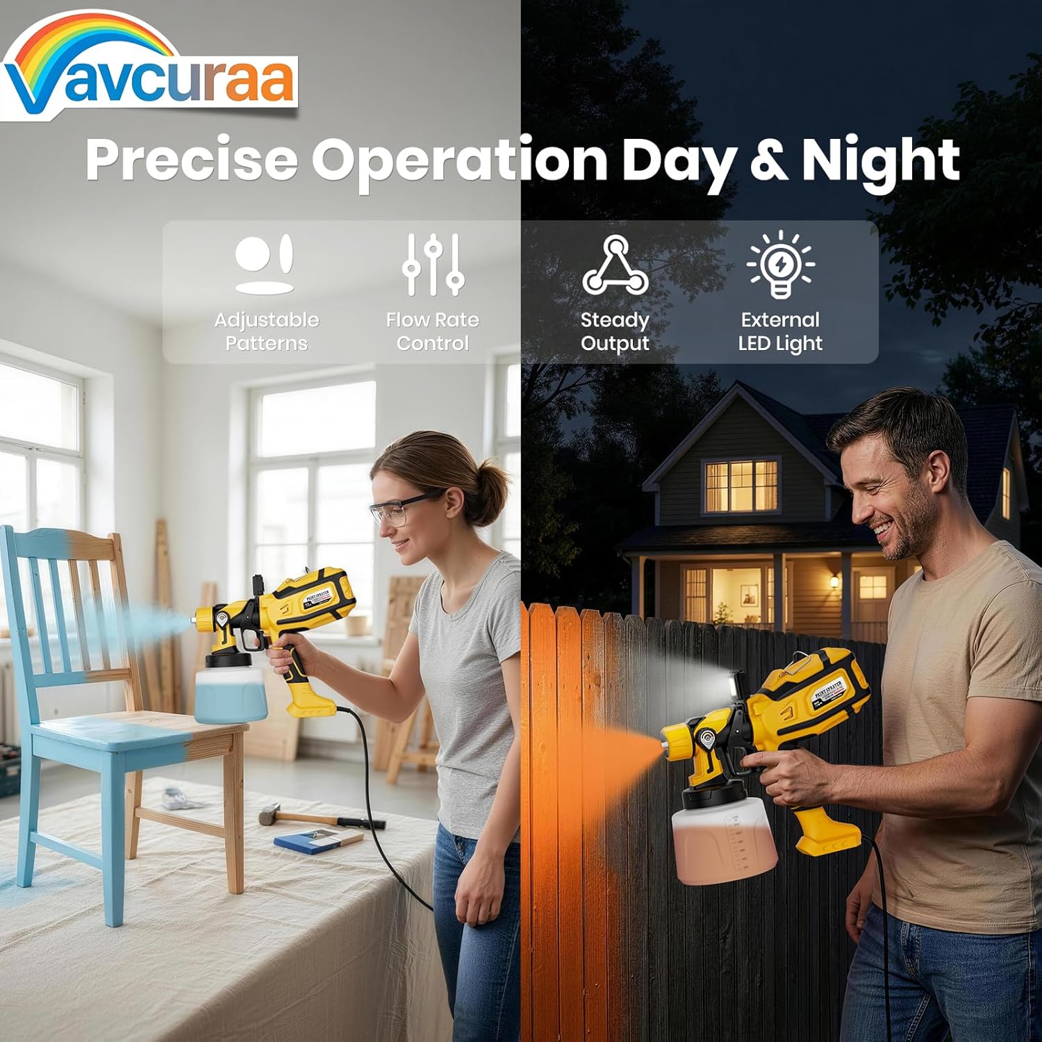 Paint Sprayer for House Painting, 1000W Paint Sprayers with 47oz (1400ml), 6 Copper Nozzles (0.5–2.5mm), LED Light, Adjustable Flow & 3 Patterns, Easy Clean Paint Sprayer for Furniture, House, Garden