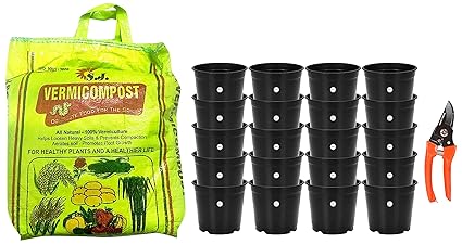 Kraft Seeds 20pcs Plastic Plants Nursery Seedlings Pot Flower Plant Container Seed Starting Pots & Garden Pruner Cutters & Vermicompost for All Kinds of Plants 5kg, Black Gold