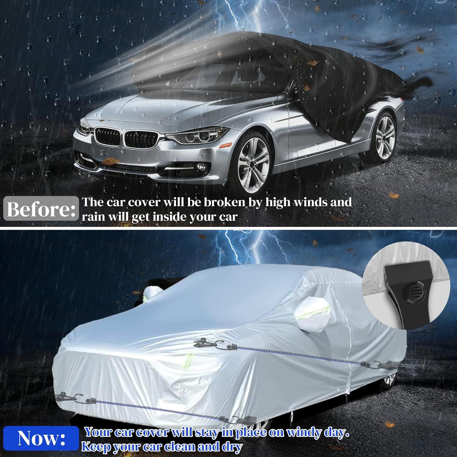 Hlogree 2PCS Car Cover Gust Straps Wind Protector,Bungee Cords Hook Clips Kit Hold Tarp Tie Down from Blowing Off in High Winds-Universal Fit for Most Cars,Sedans,SUVs,Trucks,Vans and More-Blue