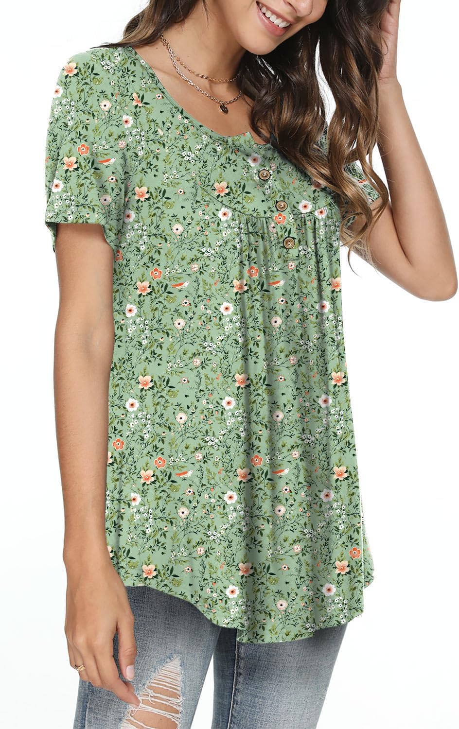 POPYOUNG Women's Summer Tops Short Sleeve Tunic Loose Fitting Henley Shirts Button Down Blouses - Image 2