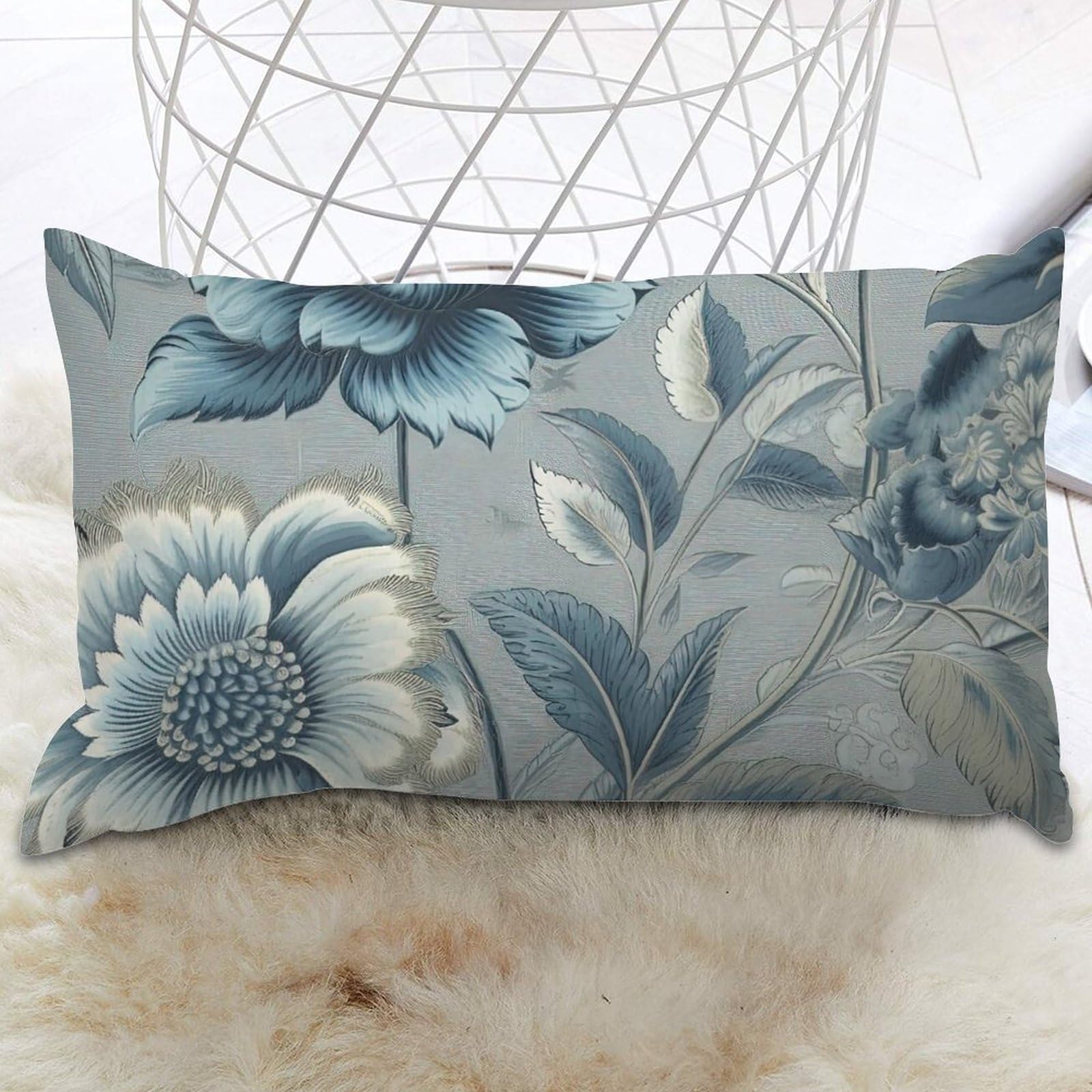 Lumbar Pillowcases Spa On Flax Blue Chinoiserie Cushion Cases Blue Grey Asian Flower Pillow Cover Farmhouse Throw Pillow Covers Farmhouse Decorative For Living Room Couch Sofa Bed Car 12x20 IN