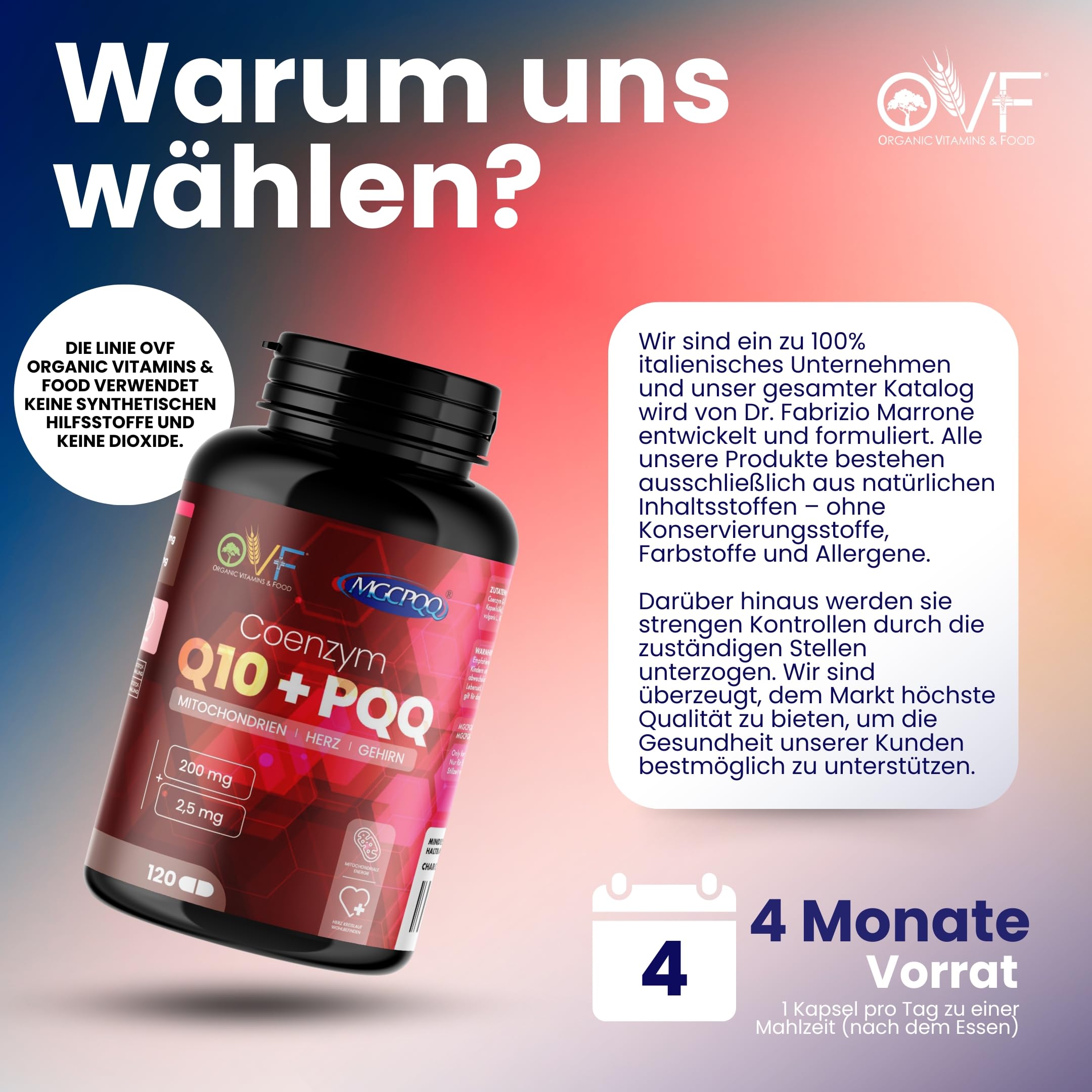 OVF Coenzym Q10 + Pqq 120 Kapseln 200mg Coenzym Q10 Kapseln Hochdosiert Coq10 Nahrungsergänzungsmittel Energía y Bienestar Reduce el Cansancio Antioxidantien Hochdosiert Vegan Made In Italy