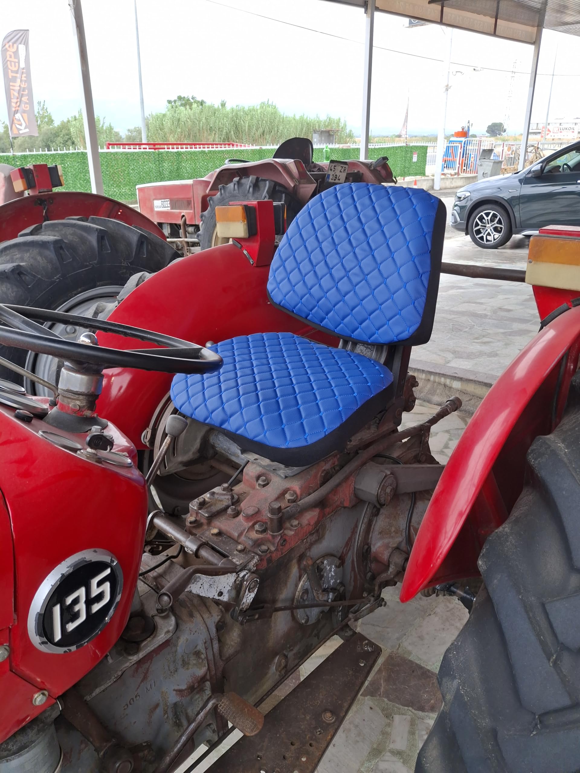 Funda de asiento de tractor resistente, acolchado Impertex duradero para tractores y carretillas elevadoras, cortacésped (cuero azul, costuras azules)