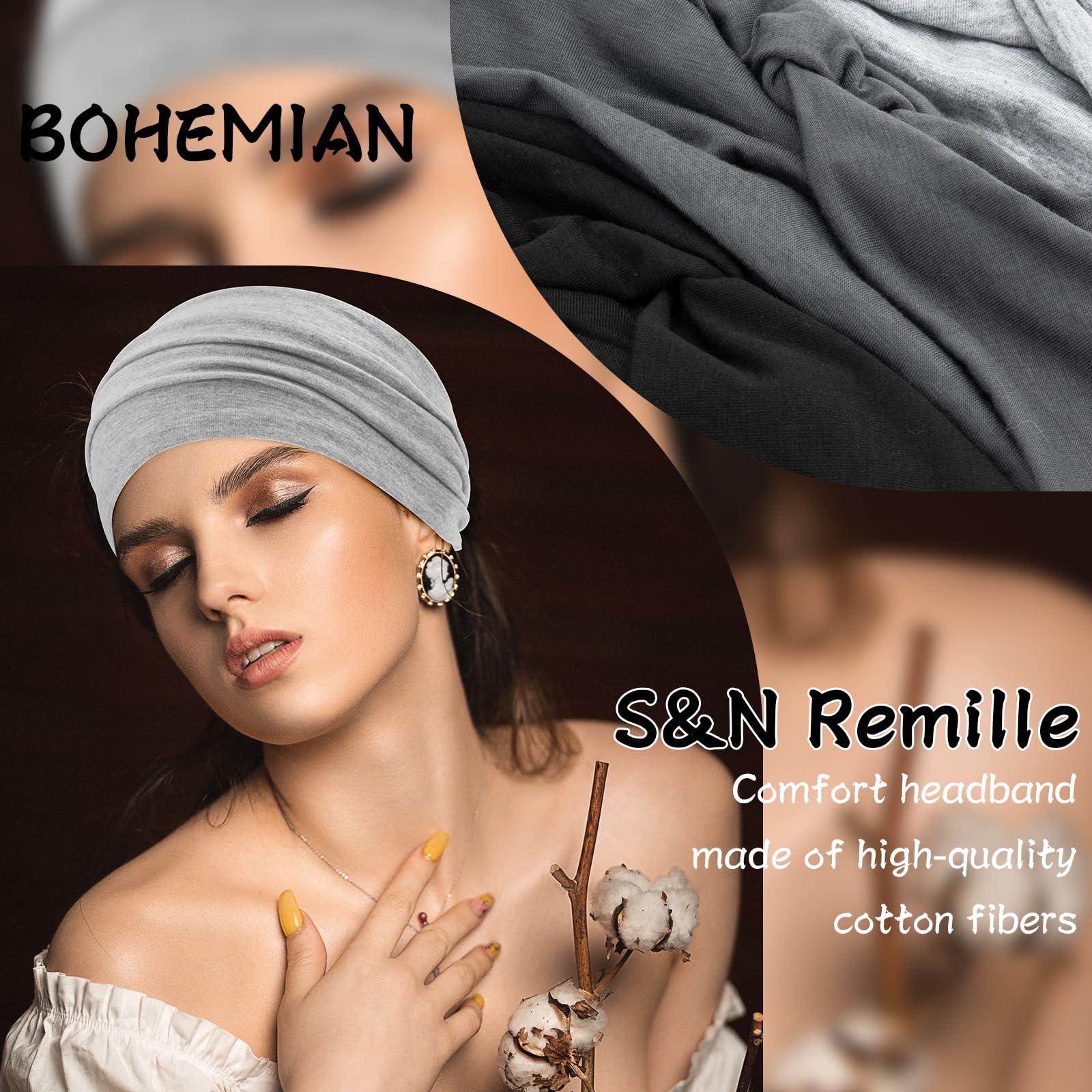 S&N Remille Diademas anchas bohemias para mujer, extra grande, turbante, diadema para el pelo, accesorios de nudo trenzado, paquete de 3