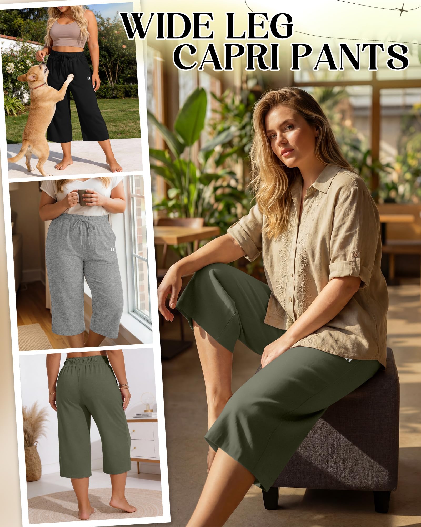 Neer Paquete de 3 Pantalones Capri de Talla Grande para Mujer, de Pierna Ancha y Corte Holgado, Estilo Casual, con Bolsillos