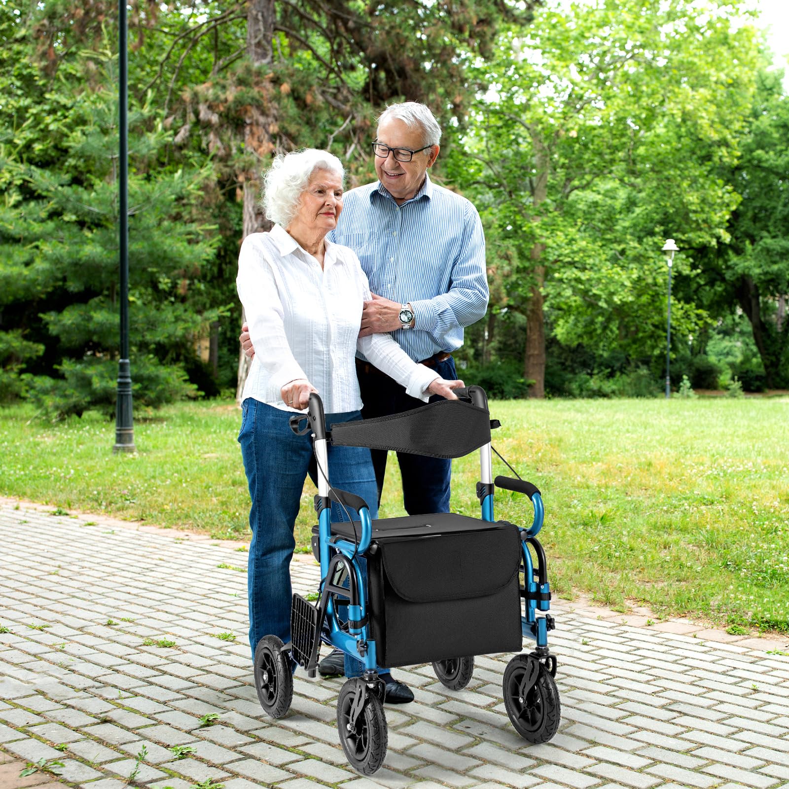 HOMASIS Andador para Ancianos Plegable con 4 Rudas, Caminador Exterior para Idosos con 6 Reposabrazos regulables, Andadores para Adultos, Personas Mayores (azul)