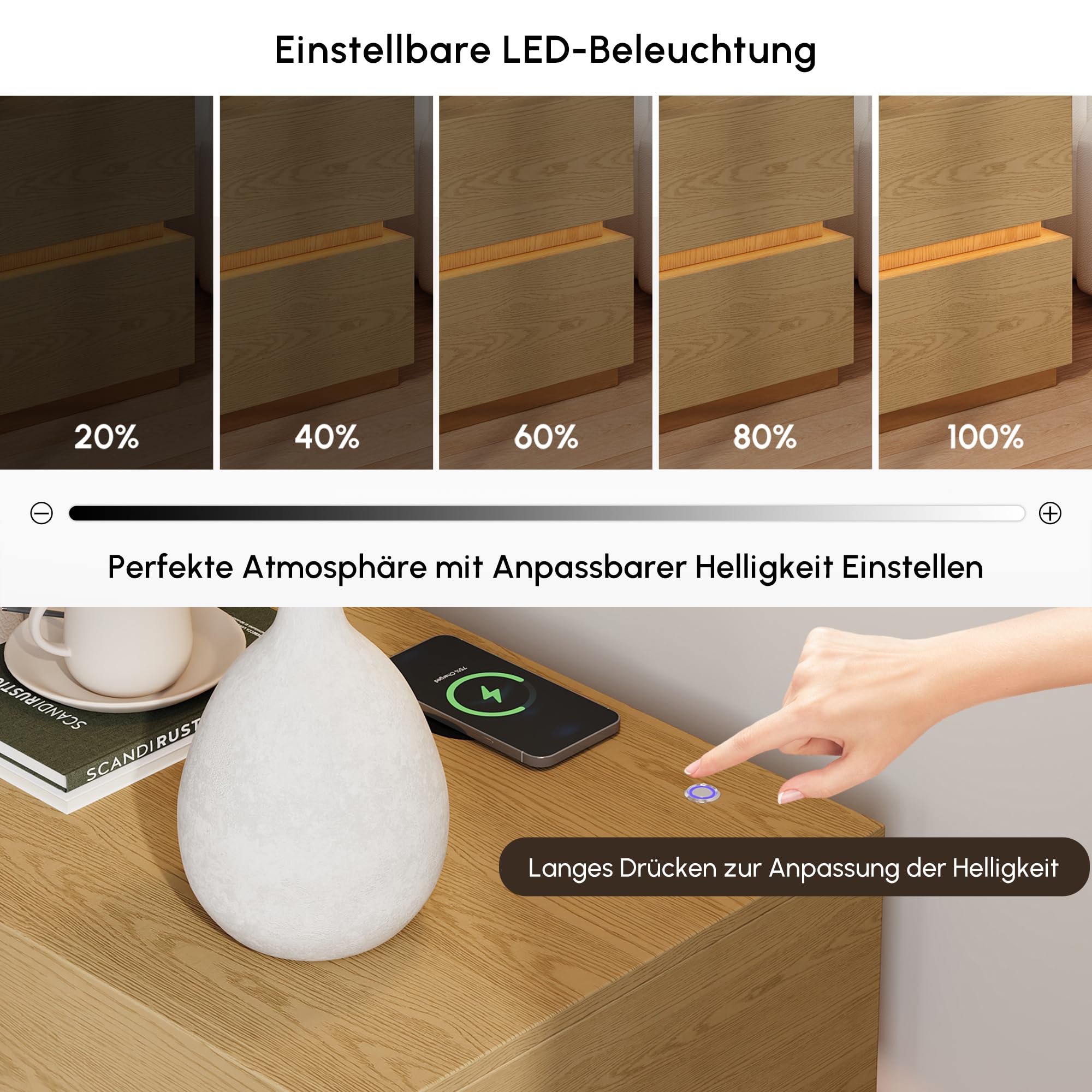 Homary LED Smart Nachttisch mit kabelloser Ladestation, Nachttisch mit Schubladen & USB-Anschlüssen, Modernes Nachtkästchen mit LED-Beleuchtung für Schlafzimmer