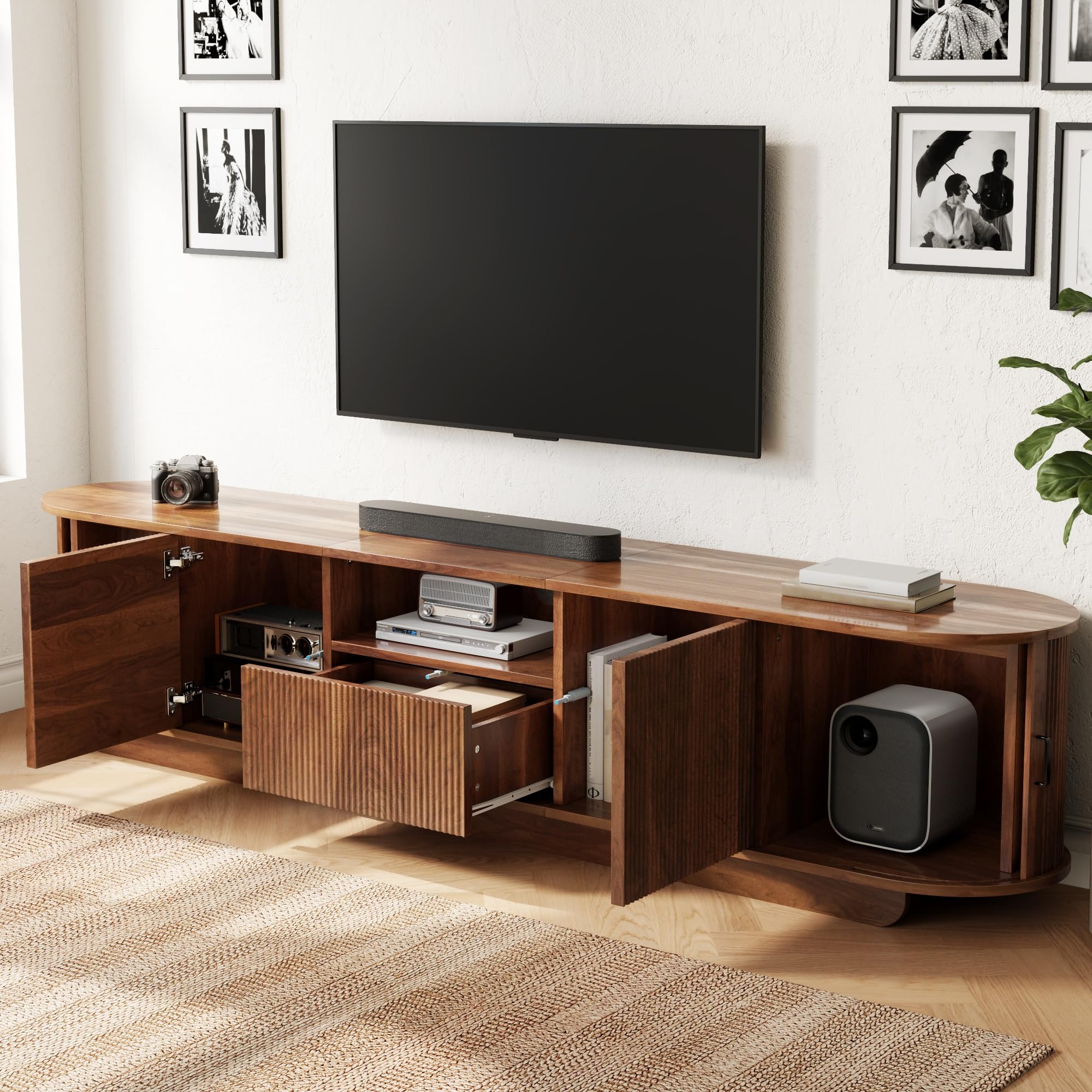 200cm Ovaler TV Schrank mit 3D-Wellenstruktur Schiebetüren
