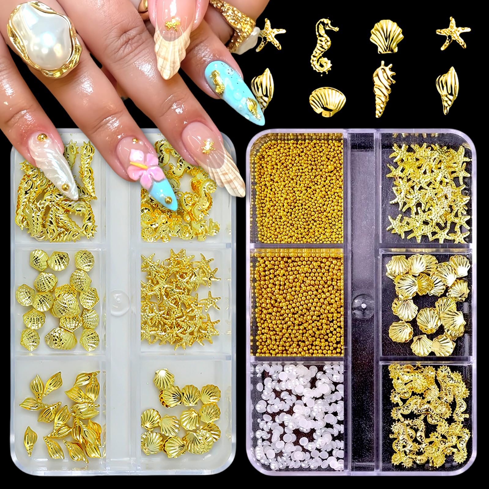 2Boxes Summer Steel Studs Metal Pearls Nail Gems Charms Metal Small Seashell Starfish Alloy Seahorse Nail Rhinestones Summer Charms for Acrylic Nail Art Marine Theme Nail Supplies for Women Manicure