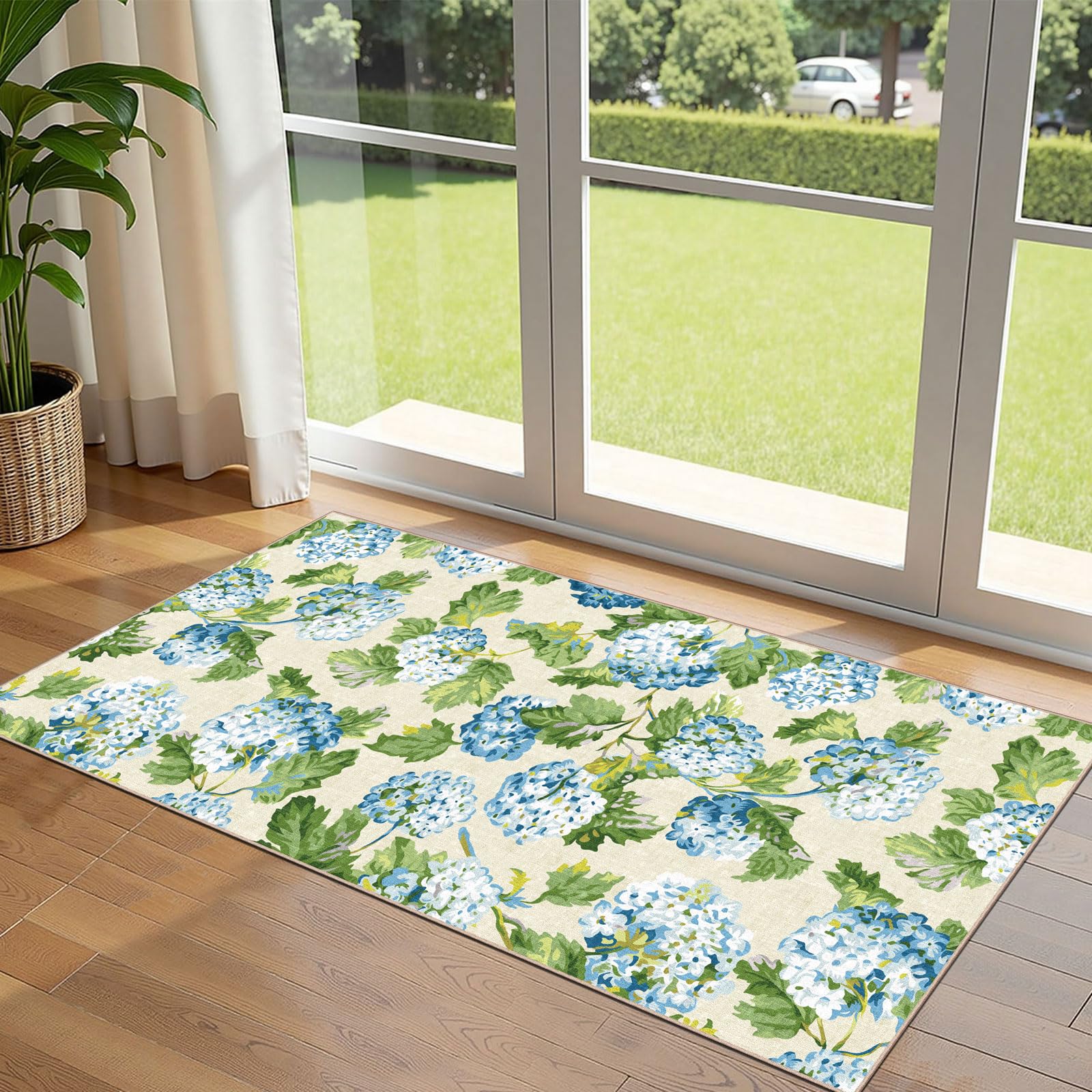 Othilic Front Door Mat Indoor Entrance - 2x4.3 Ft Spring Washable Layered Doormat Outdoor Entrance Porch Rug Non-Slip Light Blue Green Floral Runner Rug for Kitchen Bedroom Laundry Room Porch Decor