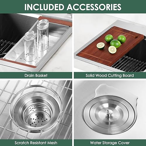 Miniatura 5 de BURCHAIN Fregadero de cocina de acero inoxidable de 30 pulgadas de calibre 16, fregadero con estación de trabajo de un solo tazón, lavabo de cocina